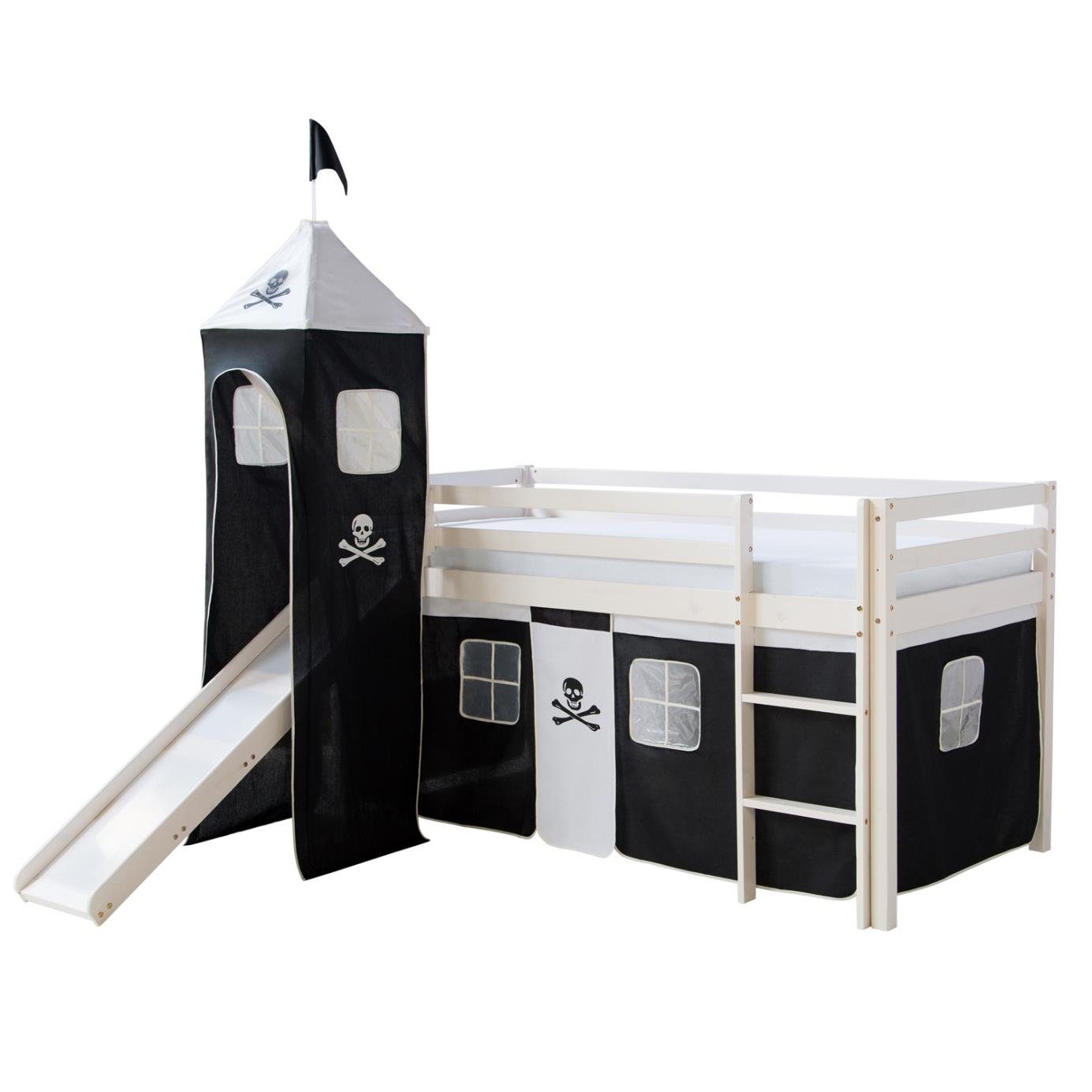Homestyle4u Hochbett 90x200 mit Vorhang Lattenrost Matratze Rutsche Turm in günstig online kaufen