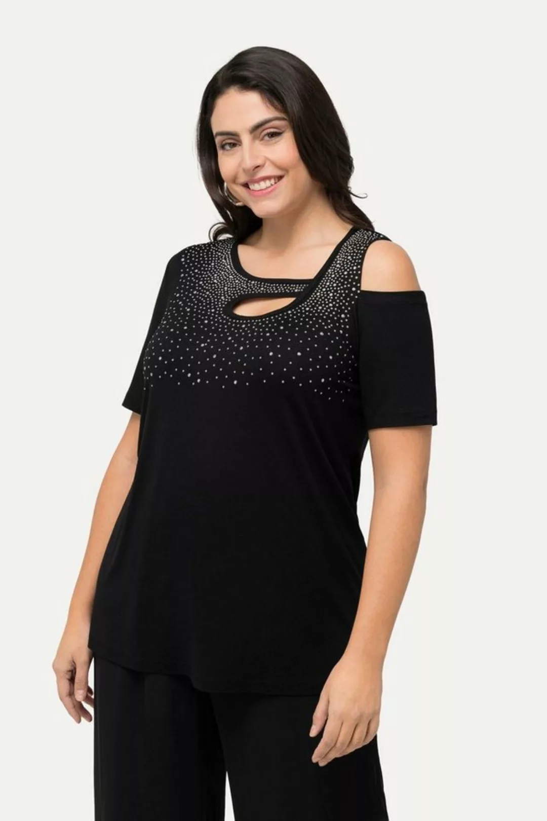 Ulla Popken Rundhalsshirt T-Shirt Ziersteine A-Linie Cut-Outs Halbarm günstig online kaufen