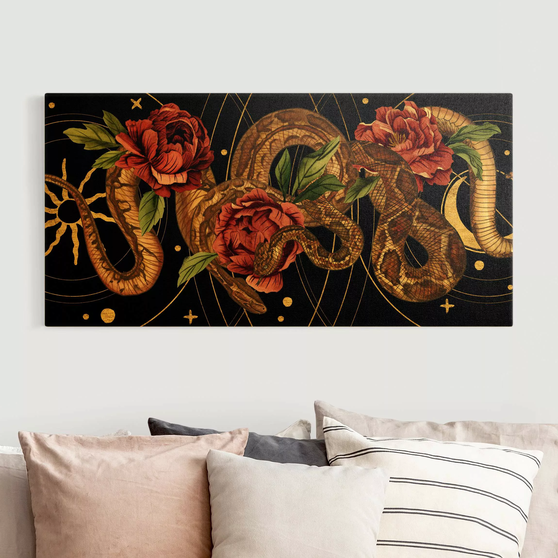 Leinwandbild Gold Schlangen mit Rosen vor Schwarz und Gold I günstig online kaufen