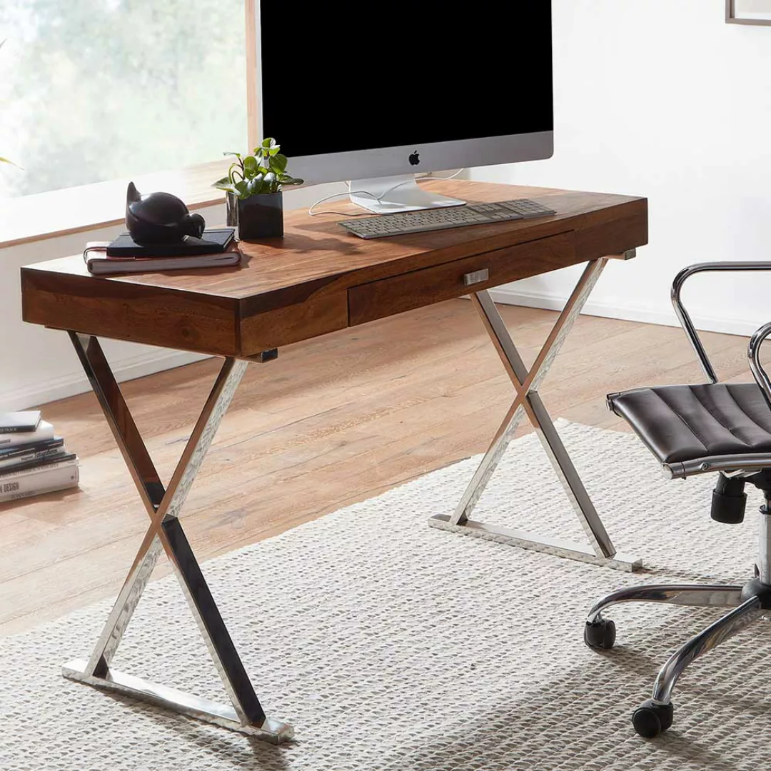 Schreibtisch mit einer Schublade Sheesham Massivholz und Metall günstig online kaufen