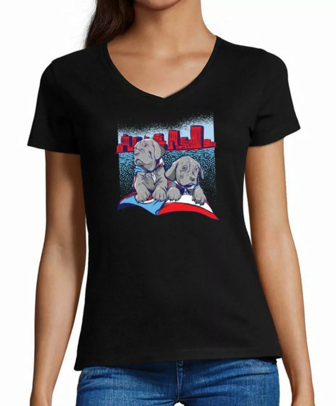 MyDesign24 T-Shirt Damen Hunde Print Shirt - 2 süße Hundewelpen V-Ausschnit günstig online kaufen