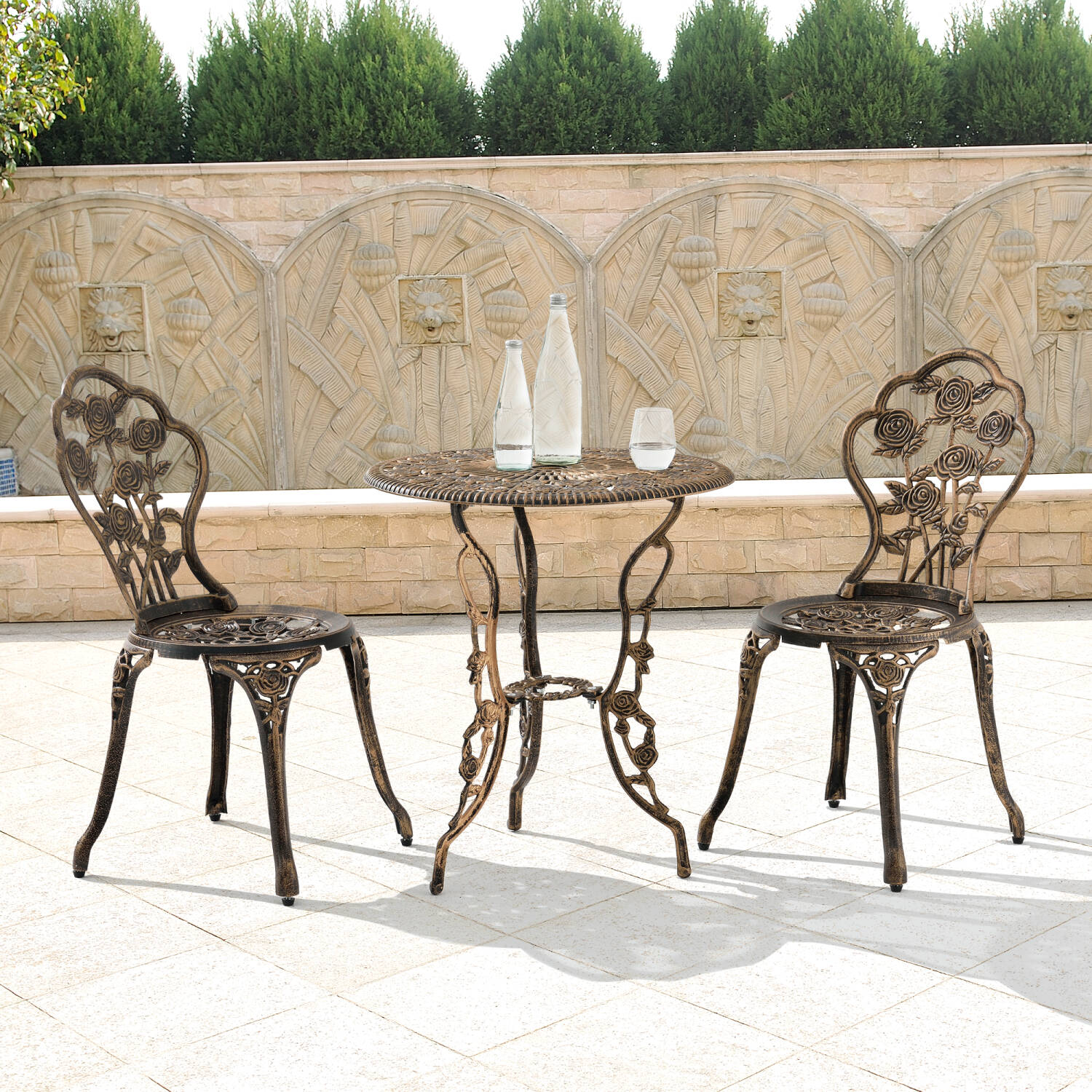 Gartenmöbel Set aus Gusseisen in bronze, 2 Stühl mit Tisch rund, DUBLIN-100 günstig online kaufen