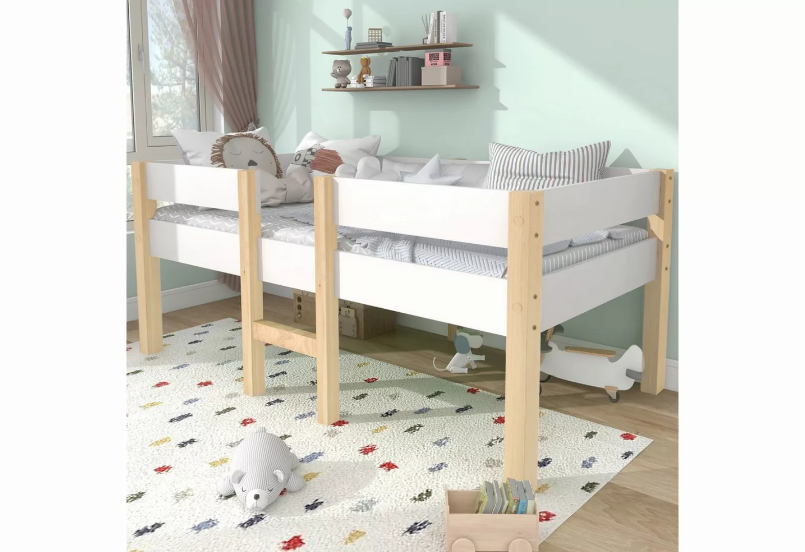 Rutaqian Daybett Bett Kinderbett mit Rausfallschutz, Kiefer-Vollholz-90x200 günstig online kaufen