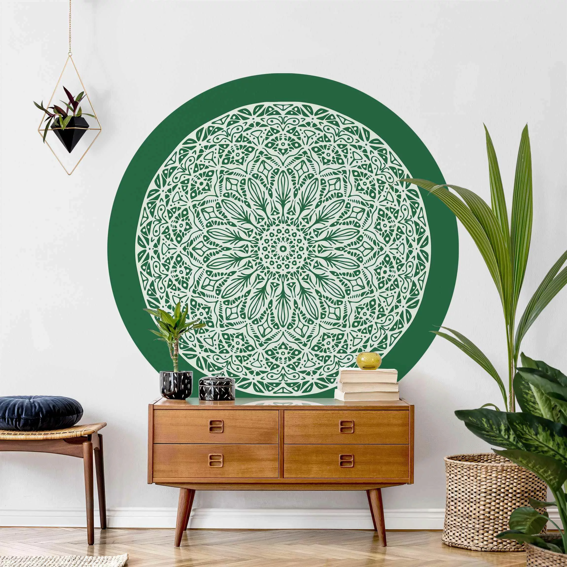 Runde Fototapete selbstklebend Mandala Ornament vor Grün günstig online kaufen