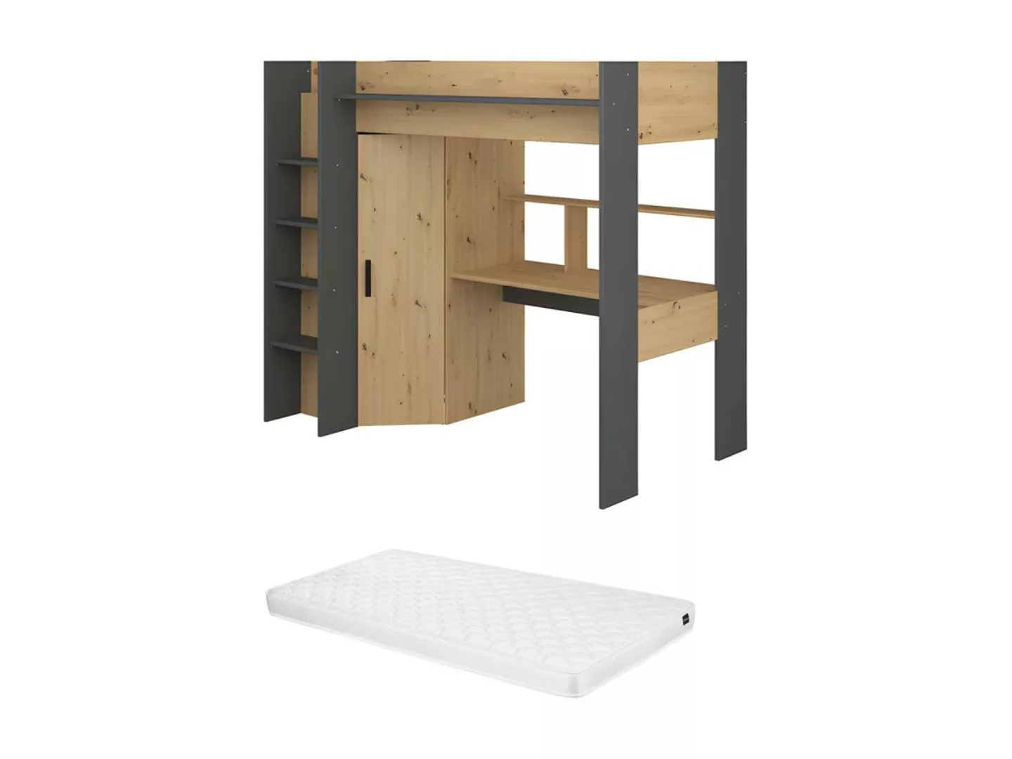 Hochbett mit Schreibtisch + Kleiderschrank + Matratze - 90 x 200 cm - Natur günstig online kaufen