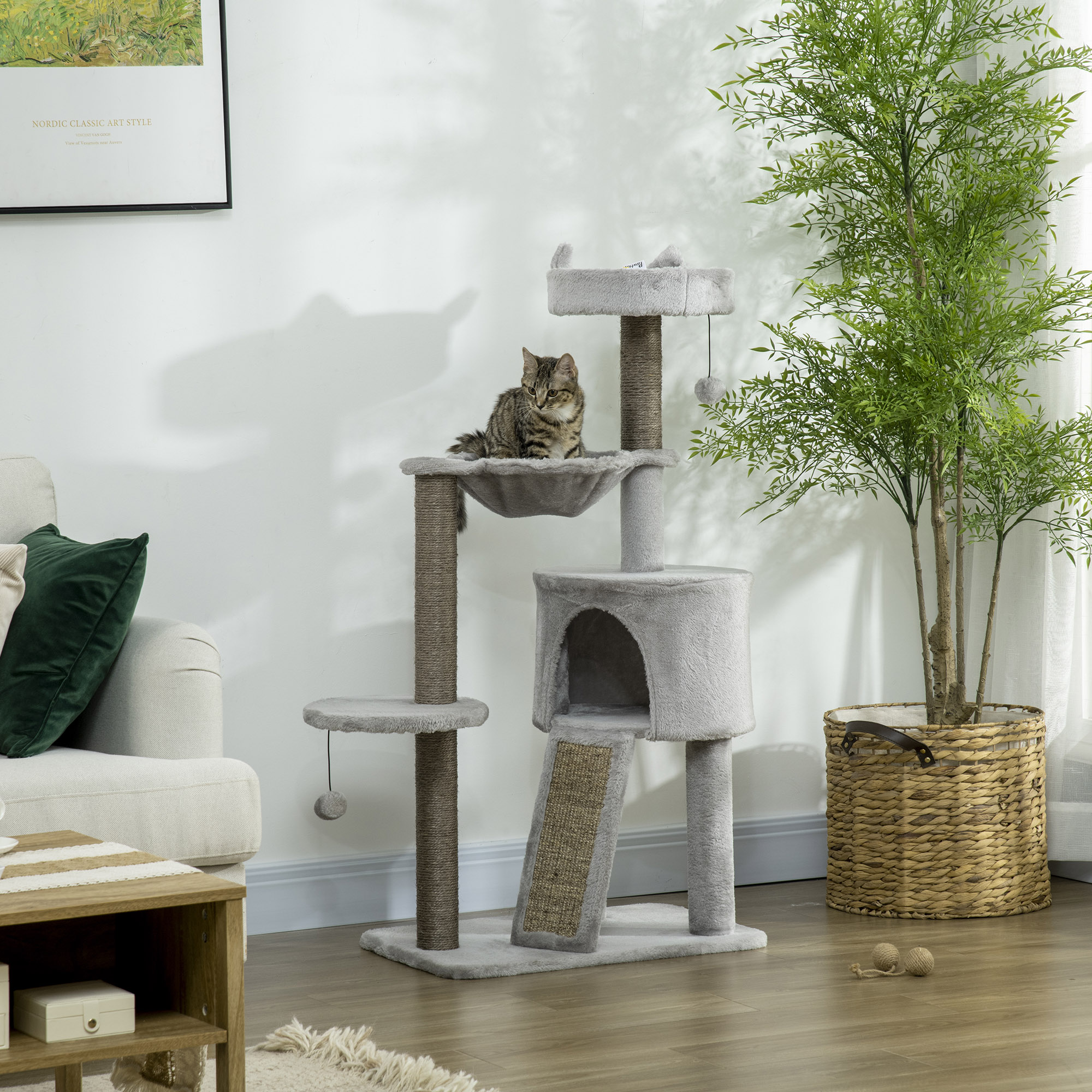 PawHut Kratzbaum mit Katzenbett und Katzenhöhle, Sisalsäule und Rampe, für günstig online kaufen