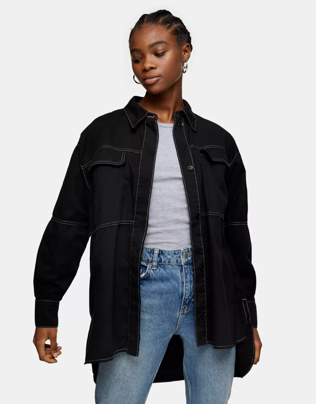 Topshop – Schwarzes Oversize-Hemd mit lässigen Nähten günstig online kaufen