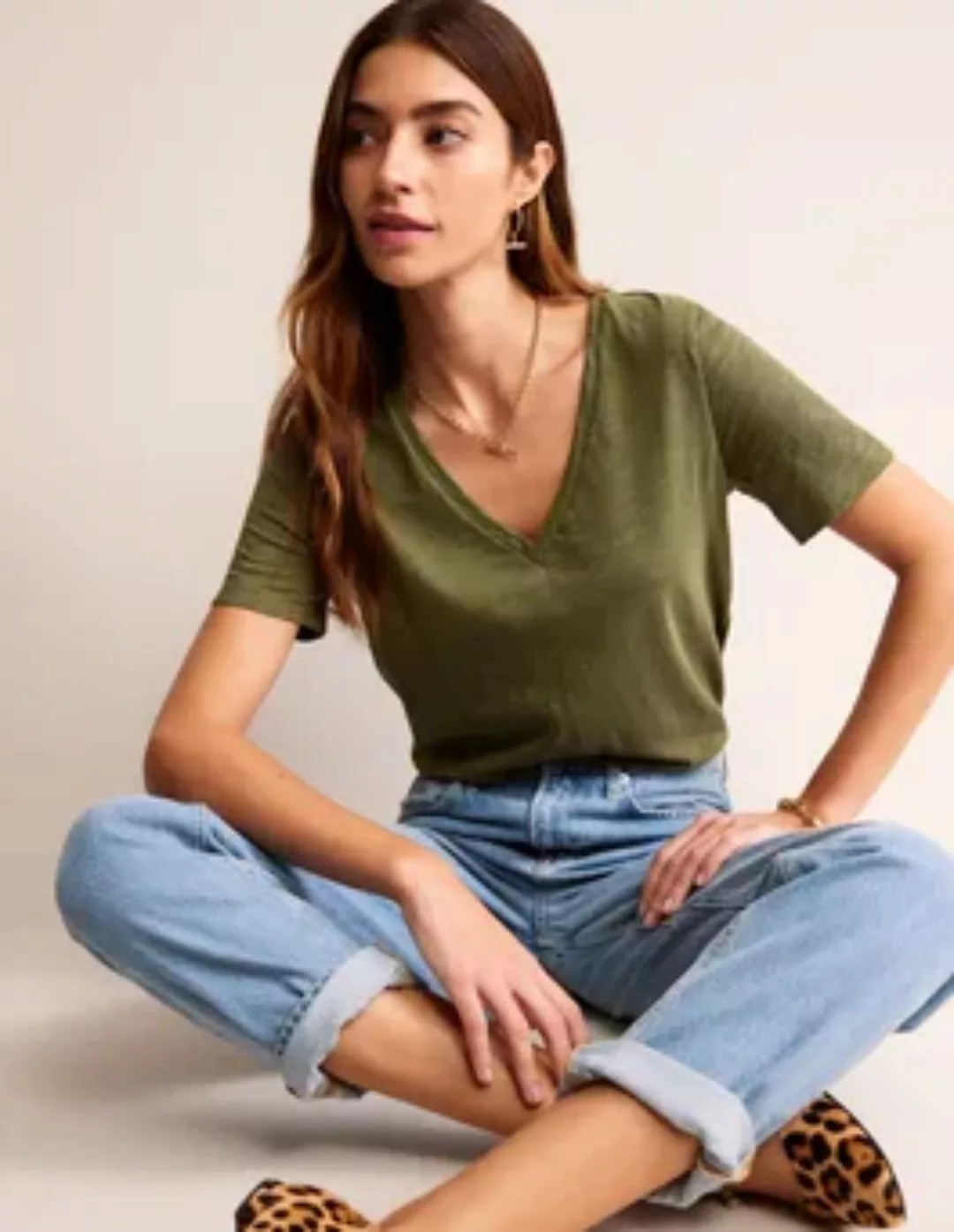 Flammgarn-T-Shirt mit V-Ausschnitt und normaler Passform Damen Boden, Winte günstig online kaufen