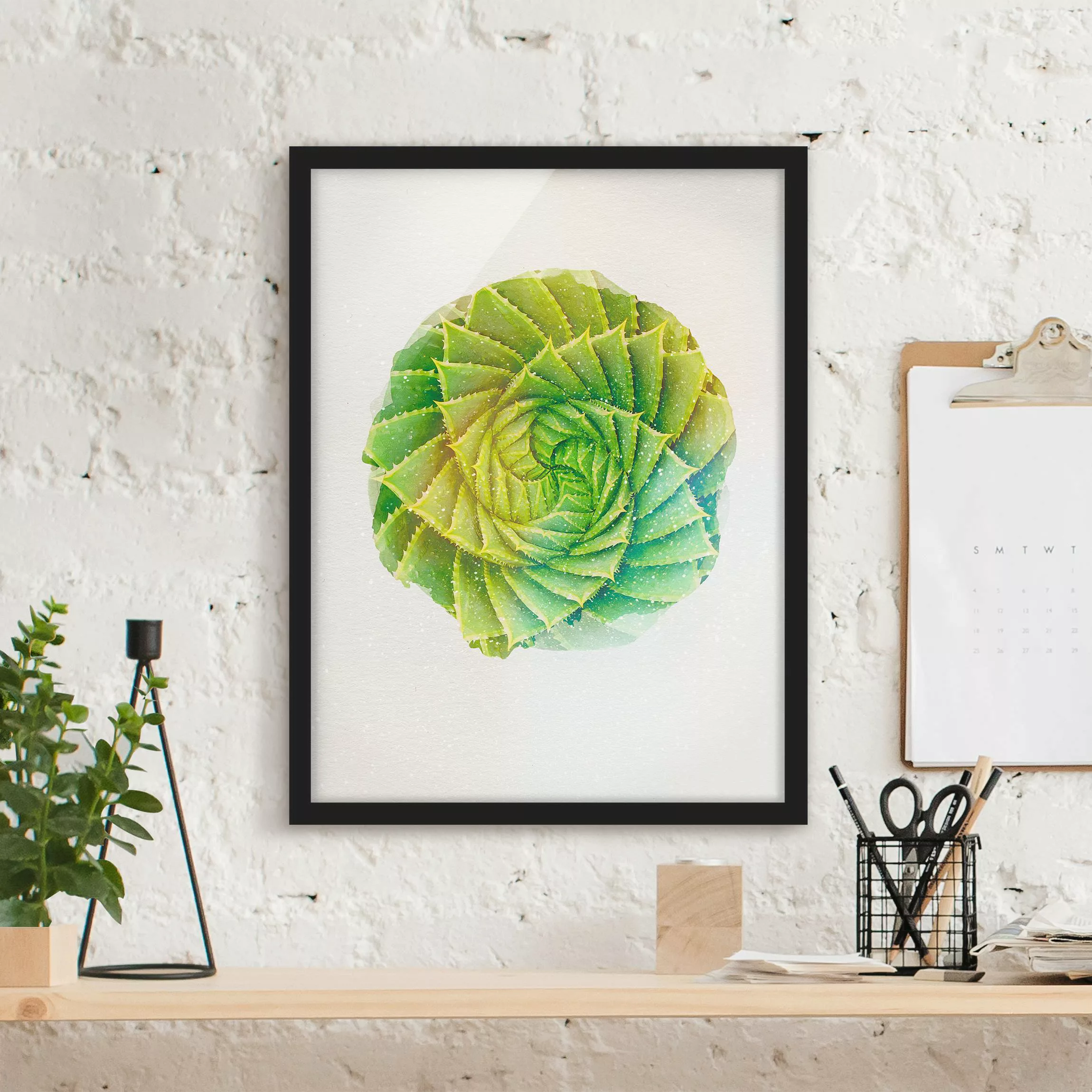 Bild mit Rahmen Blumen - Hochformat Wasserfarben - Spiral Aloe günstig online kaufen