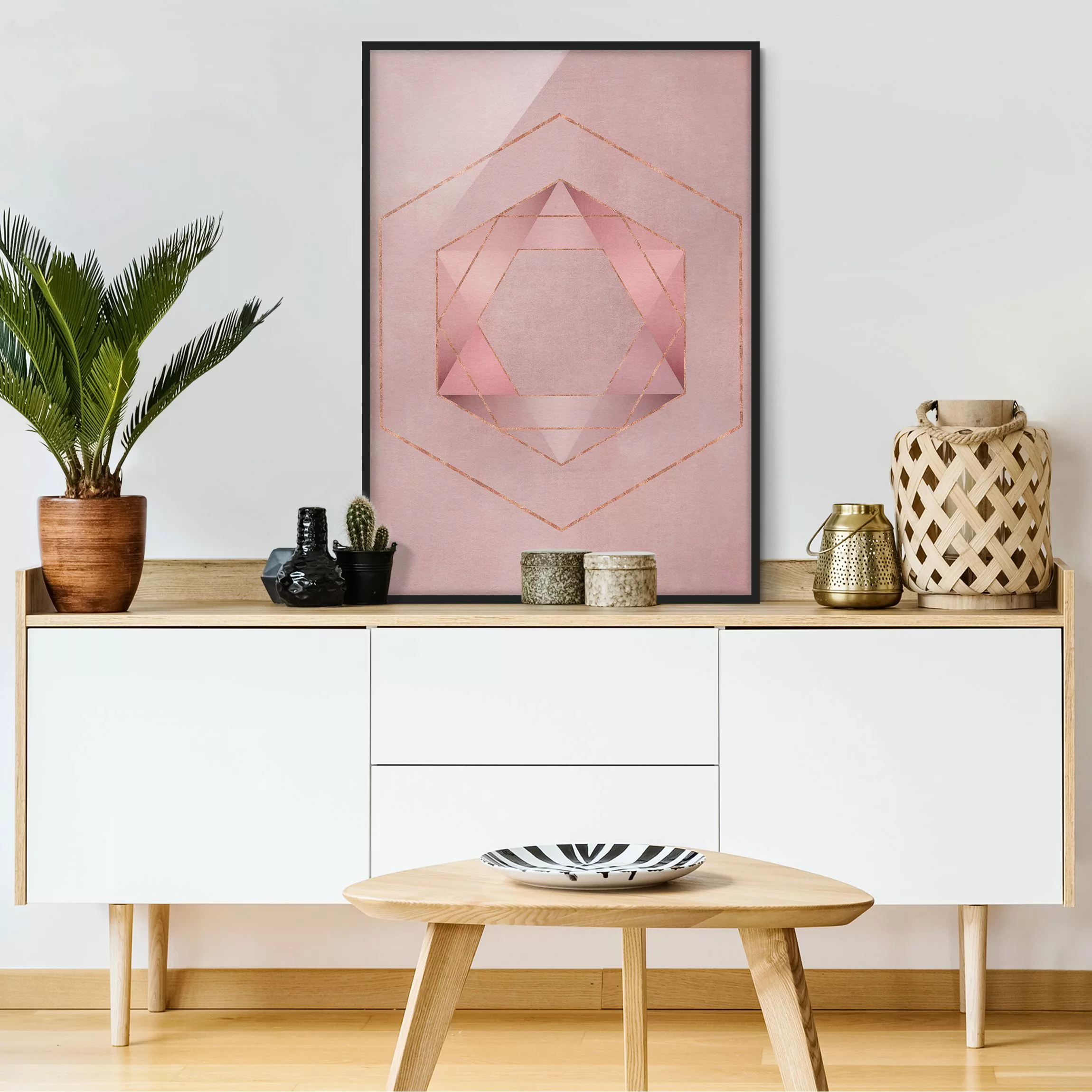 Bild mit Rahmen Abstrakt - Hochformat Geometrie in Rosa und Gold I günstig online kaufen