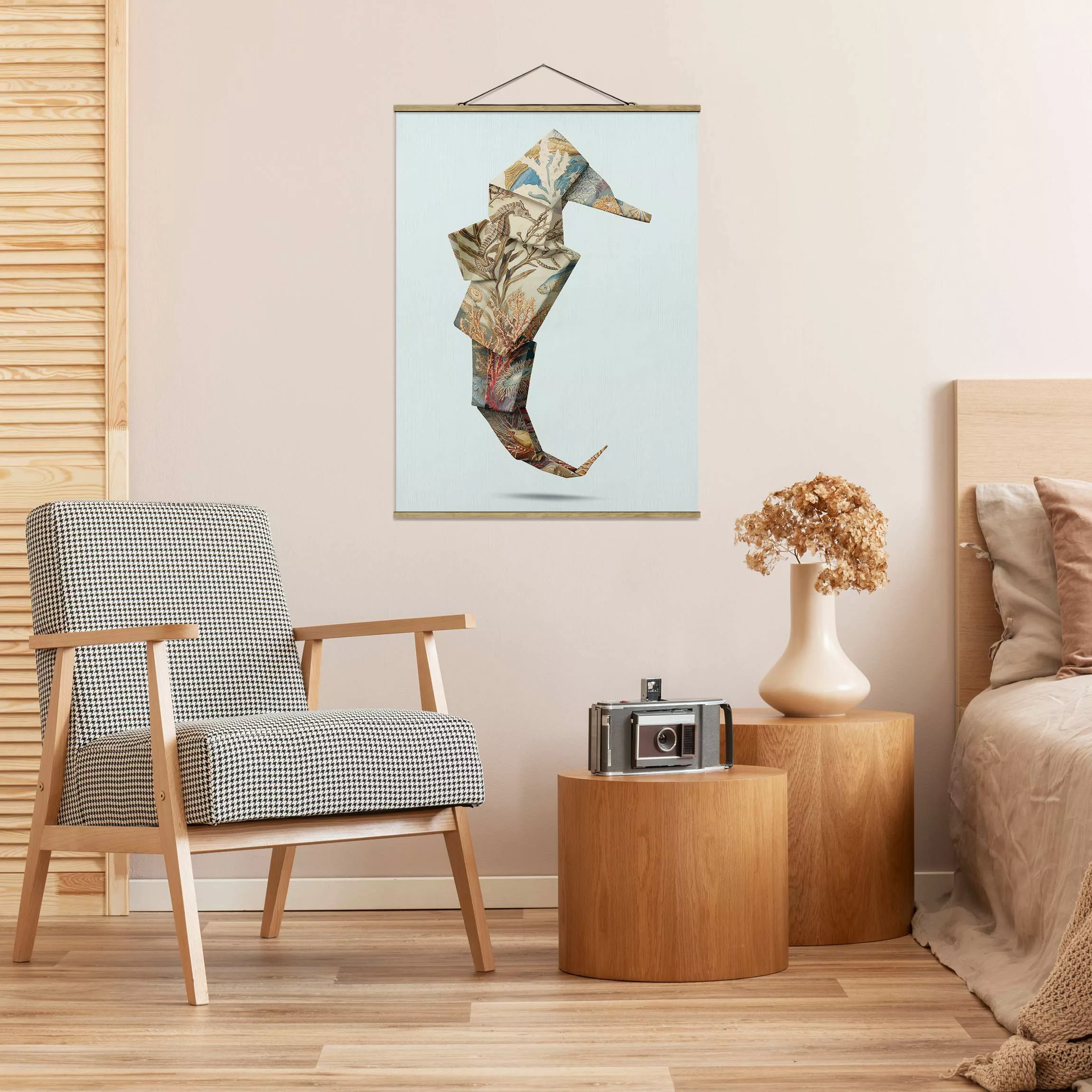 Stoffbild Tiere mit Posterleisten - Hochformat Origami Seepferdchen günstig online kaufen