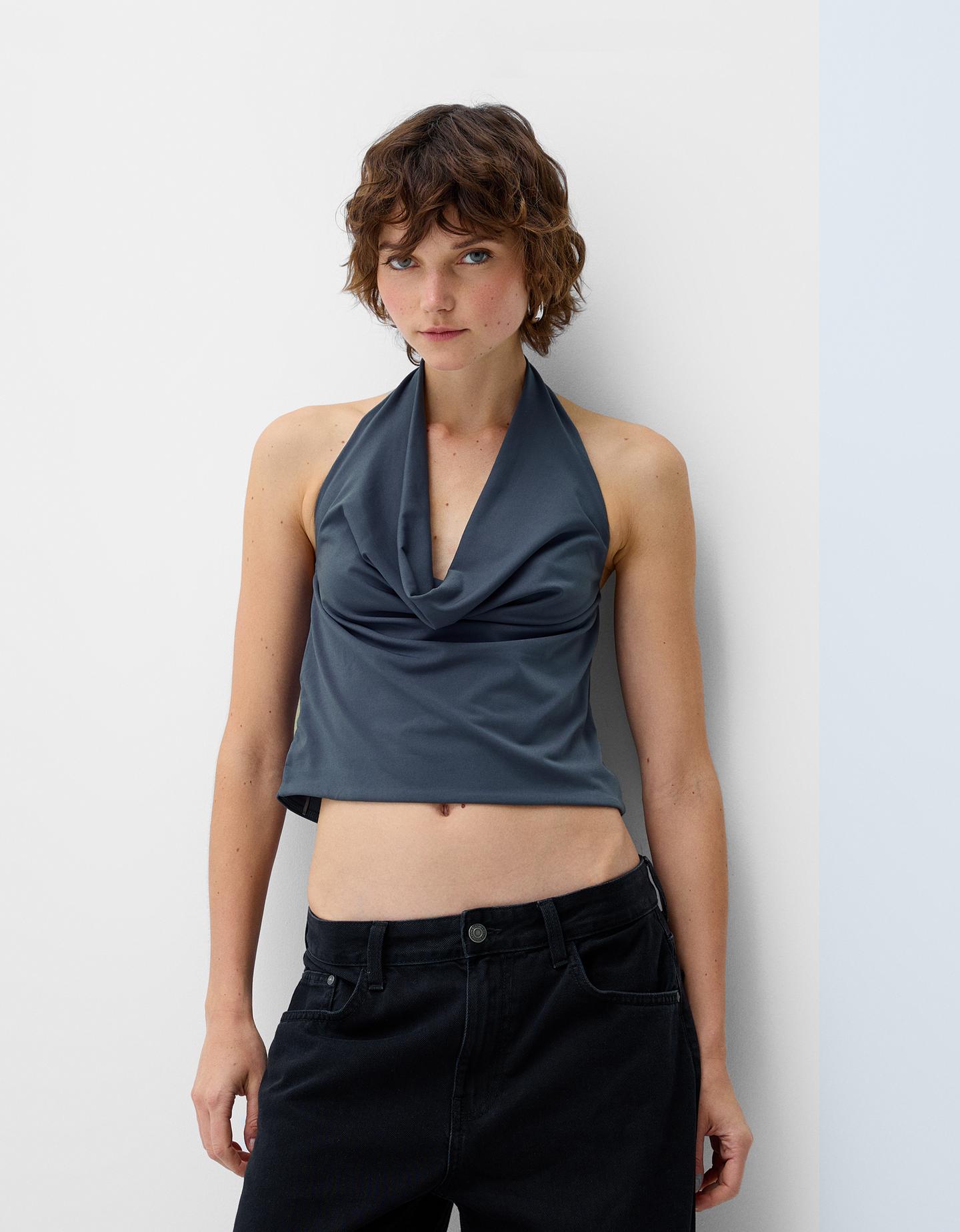 Bershka Fließendes Neckholder-Top Damen Xs Dunkelgrau günstig online kaufen