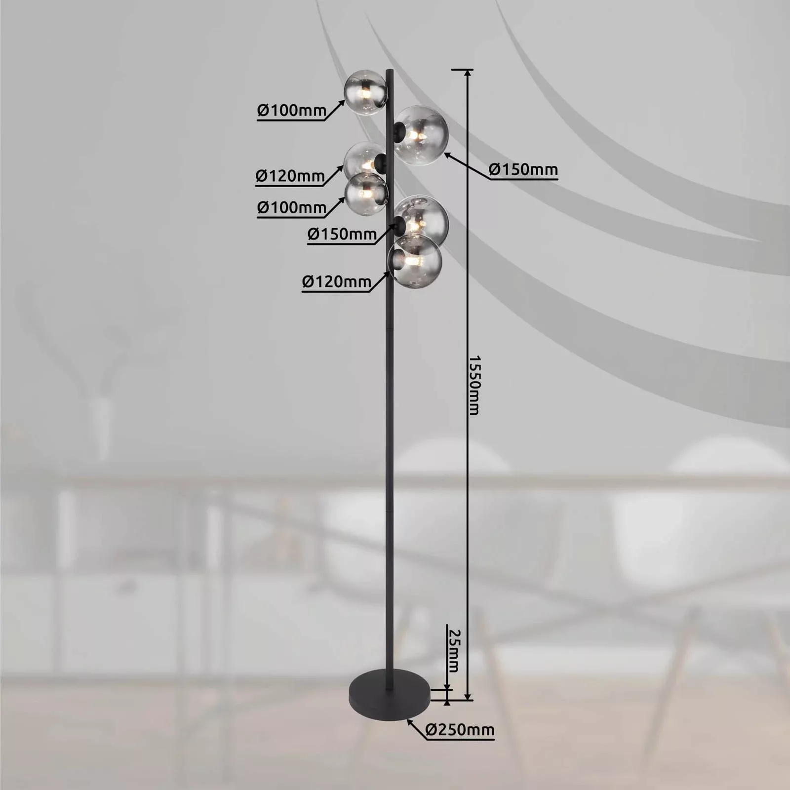 Stehleuchte Riha, Höhe 155 cm, schwarz/rauchfarben, 6-flg. günstig online kaufen
