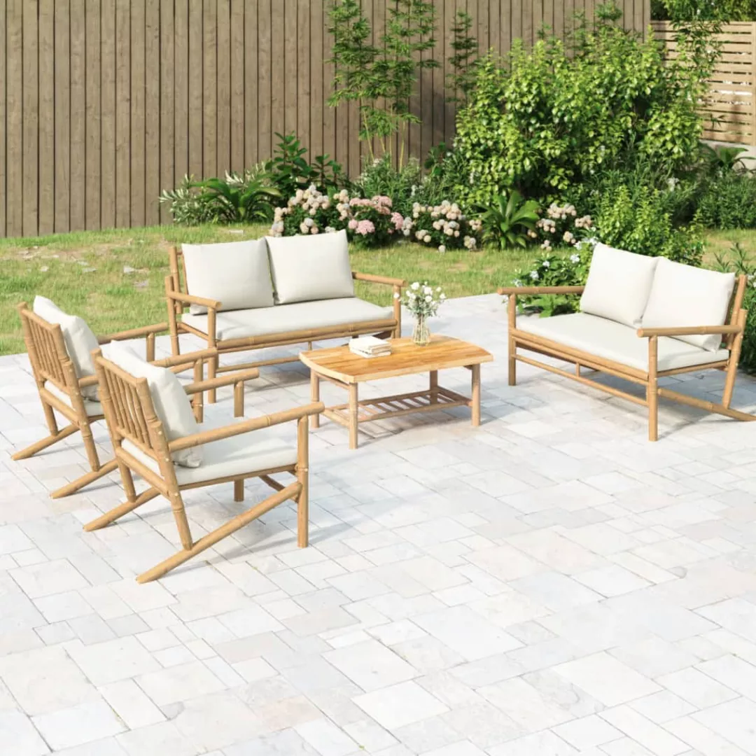 Vidaxl 5-tlg. Garten-lounge-set Mit Cremeweißen Kissen Bambus günstig online kaufen