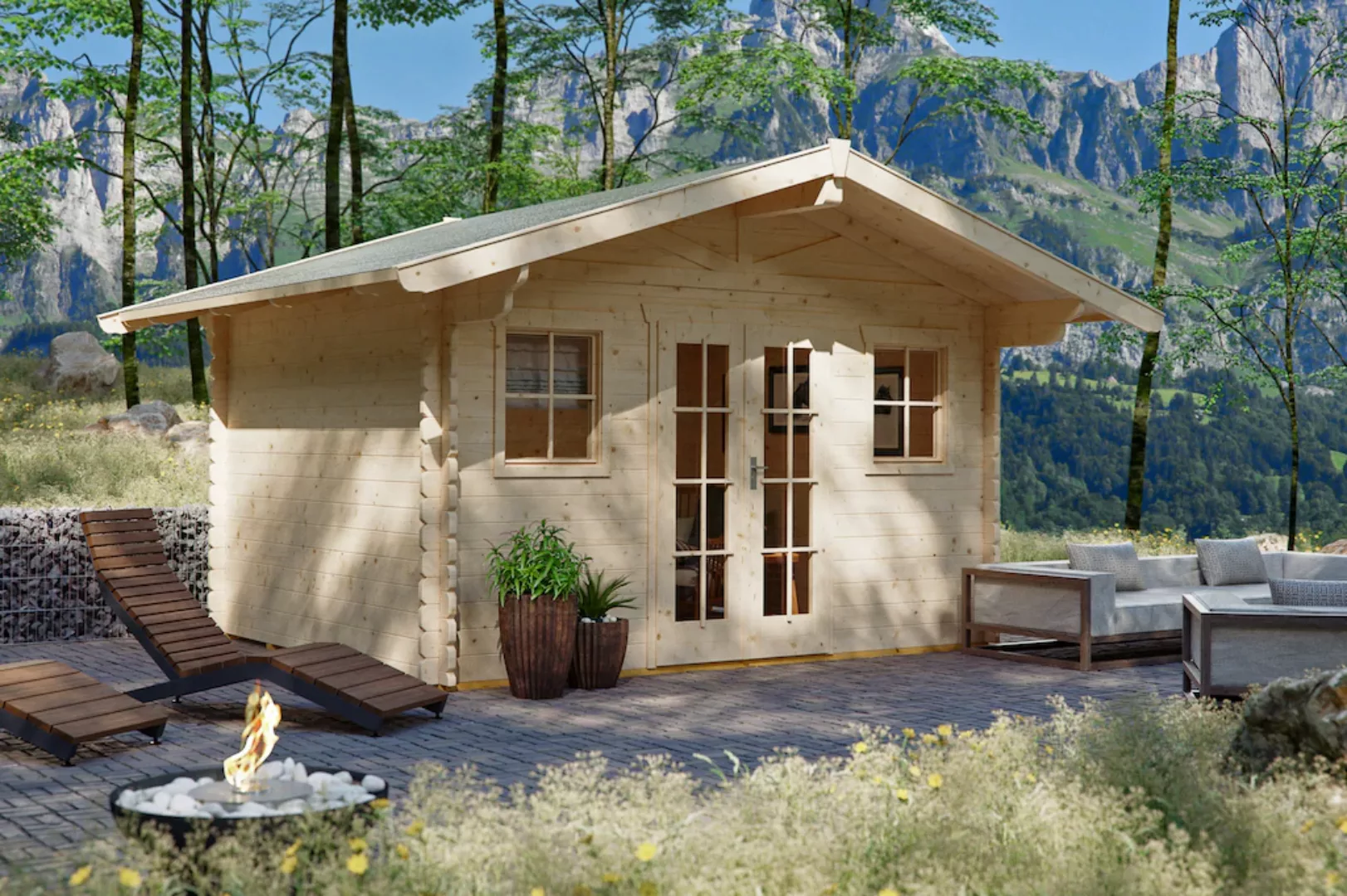 Skan Holz Holz-Gartenhaus Davos 1 Natur 380 cm x 300 cm günstig online kaufen