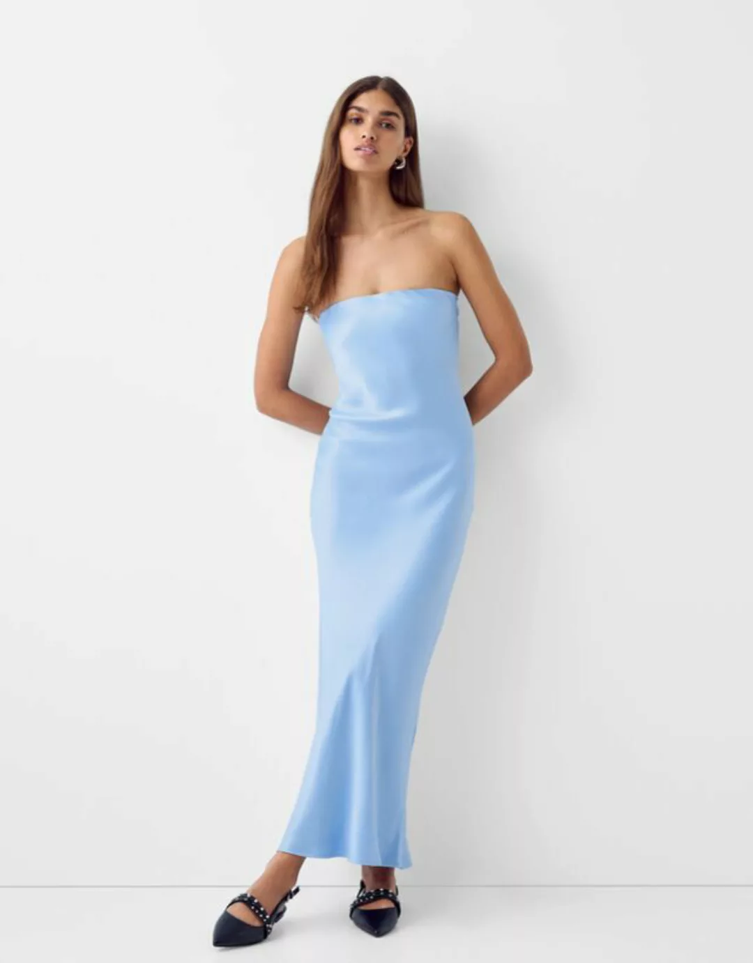 Bershka Maxi-Bandeau-Kleid Aus Satin Damen Xs Hellblau günstig online kaufen