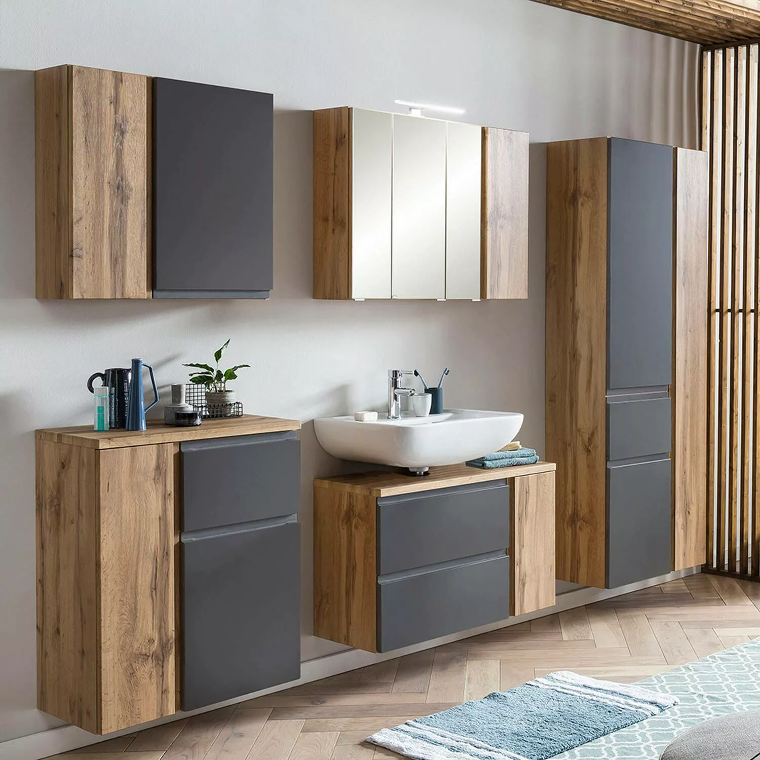 Badezimmer Komplett Set in Wotan Eiche Nb. mit grau, LED Beleuchtung, stehe günstig online kaufen