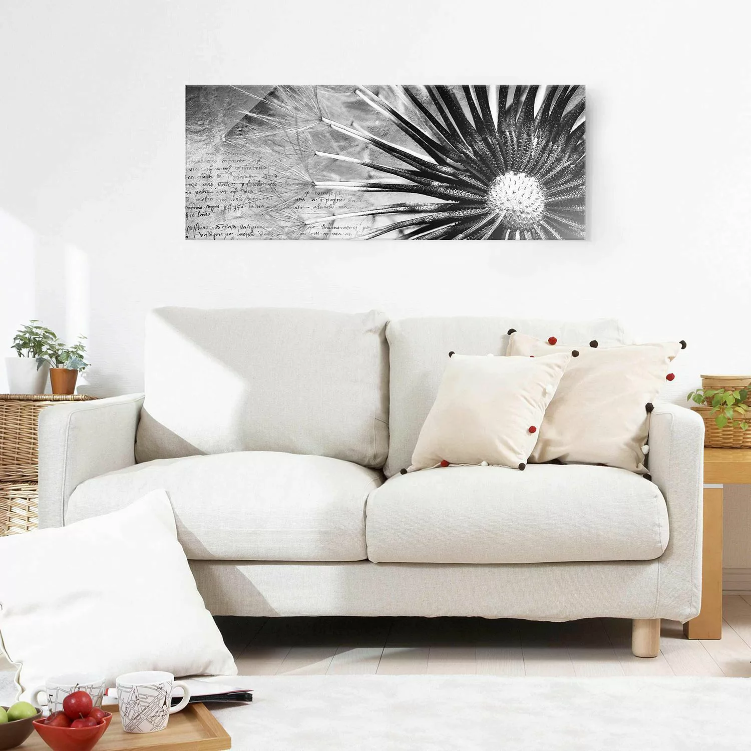 Glasbild Schwarz-Weiß - Panorama Pusteblume Schwarz & Weiß günstig online kaufen