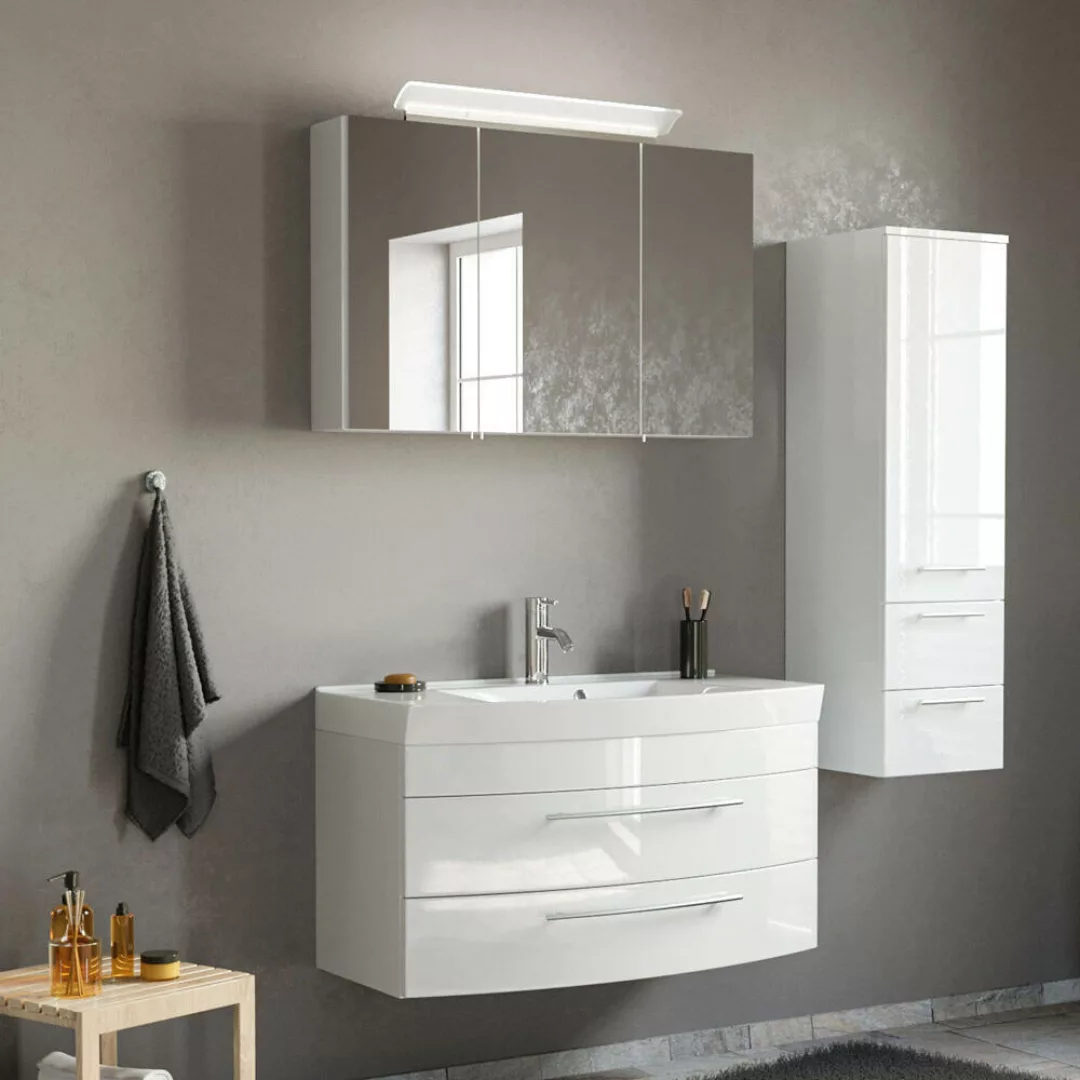 Lomadox Badezimmermöbel Set in weiß Hochglanz mit 100cm Waschtisch und LED- günstig online kaufen