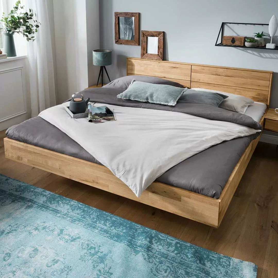 Massivholz Bett aus Wildeiche geölt Schwebesockel günstig online kaufen