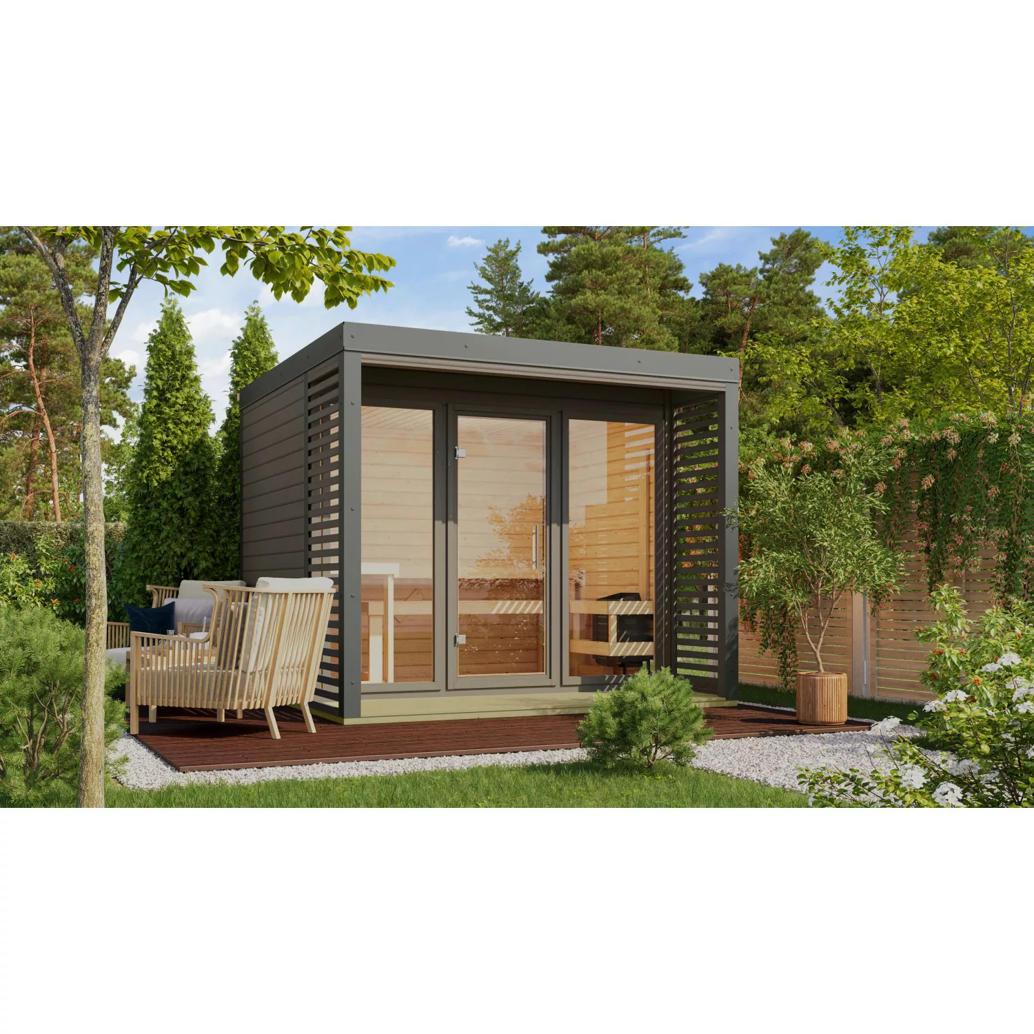 Karibu Saunahaus Seros 3 Terragrau/Staubgrau mit Ofen 9 kW Bio Ext. Strg. günstig online kaufen