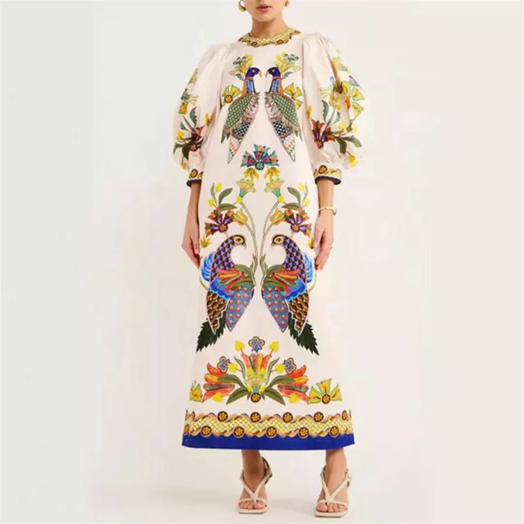 RUZU UG Dirndl Kleid mit bedruckten Pfauen-Dreiviertelärmeln und Rundhalsau günstig online kaufen