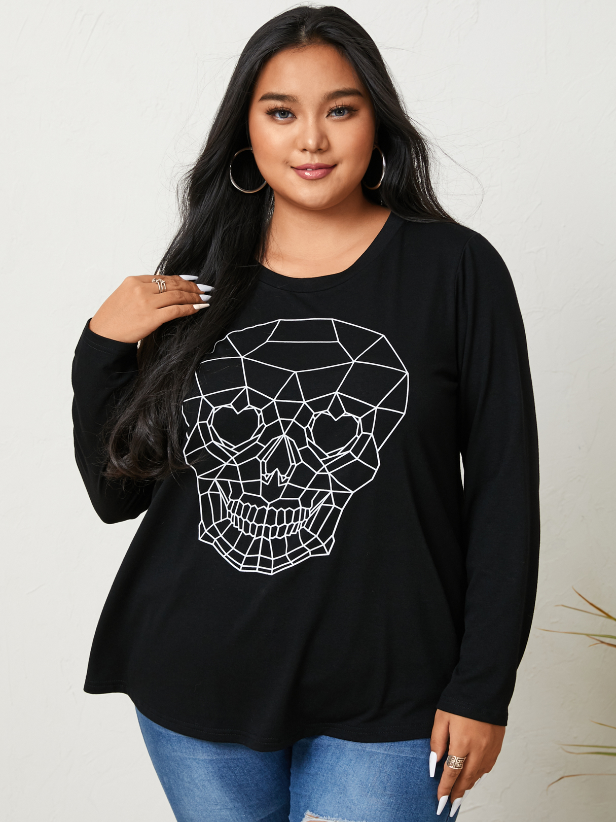 YOINS Plus Größe Halloween Totenkopf Rundhalsausschnitt Grafik Langarm T-Sh günstig online kaufen