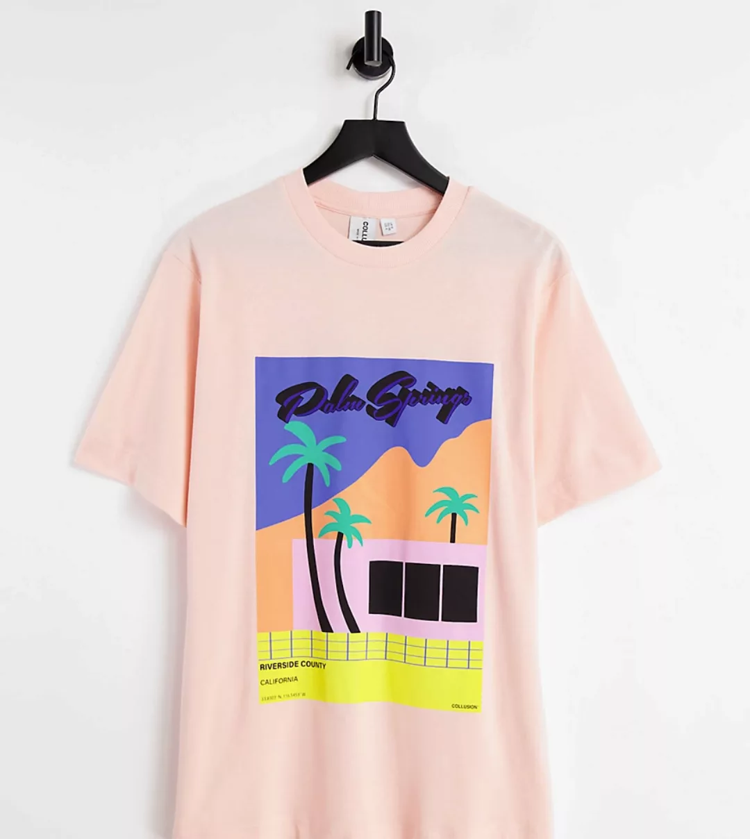 COLLUSION – Oversized T-Shirt aus Pikee in Pfirsich mit "Palm Springs"-Prin günstig online kaufen