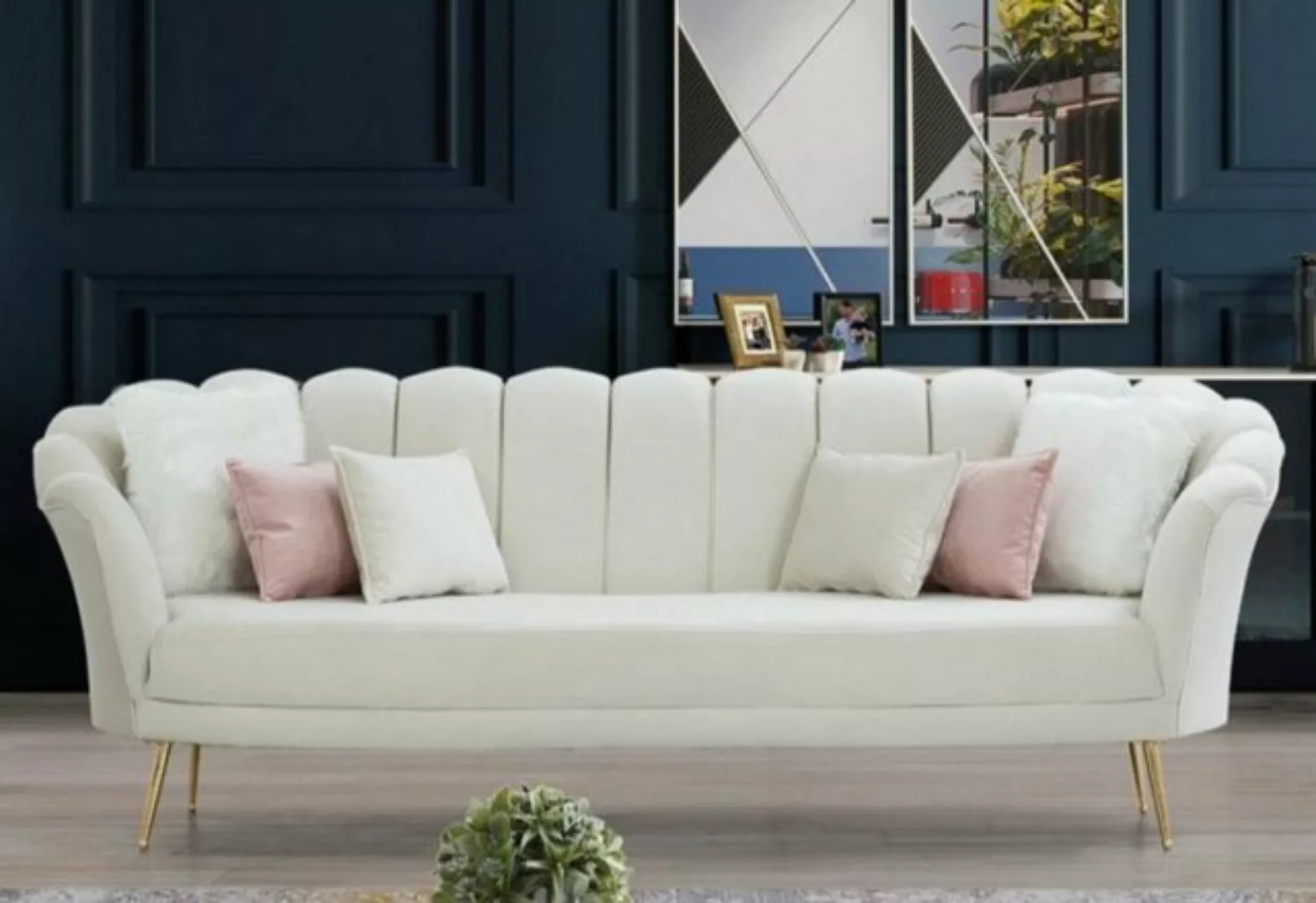 Casa Padrino 3-Sitzer Designer Art Deco Wohnzimmer 3er Sofa Creme / Gold 19 günstig online kaufen