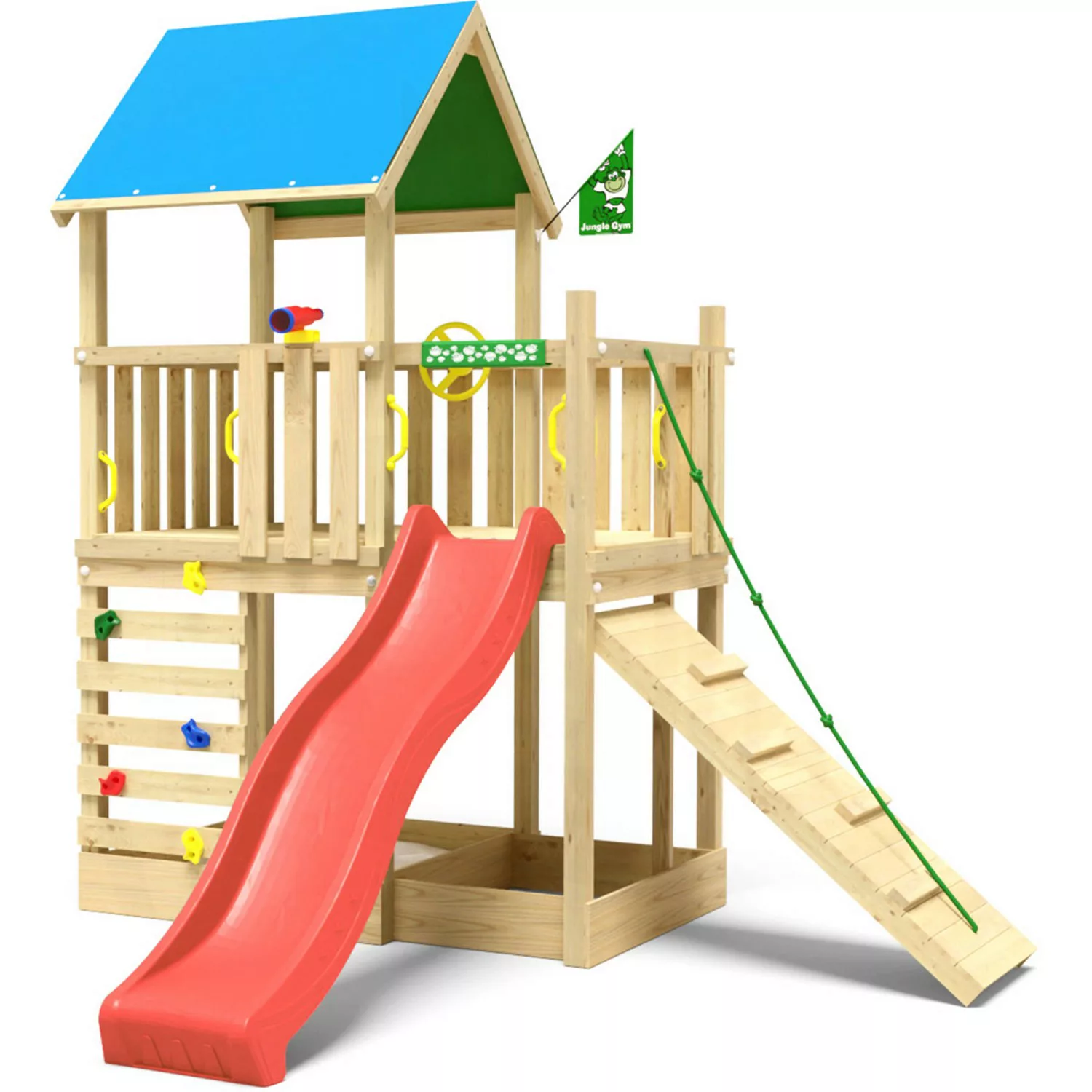Jungle Gym Spielturm Wonder Holz mit Planendach Kletterrampe Rutsche Rot günstig online kaufen
