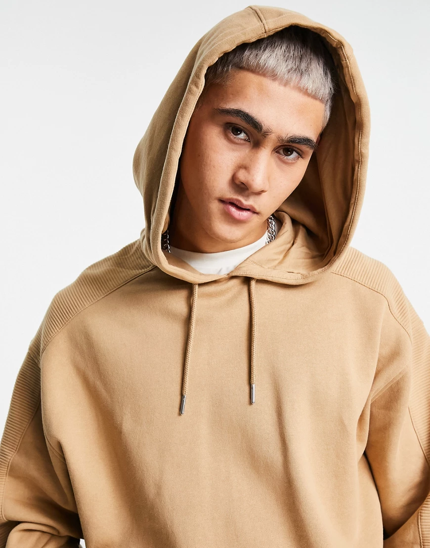 ASOS DESIGN – Oversize-Kapuzenpullover in Beige mit gerippten Bahnen, Kombi günstig online kaufen