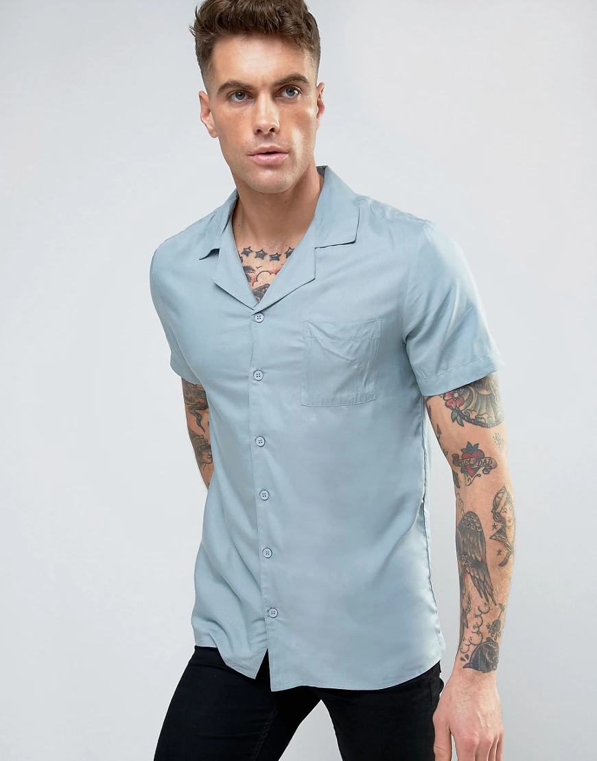 Another Influence – Hemd mit Reverskragen-Blau günstig online kaufen