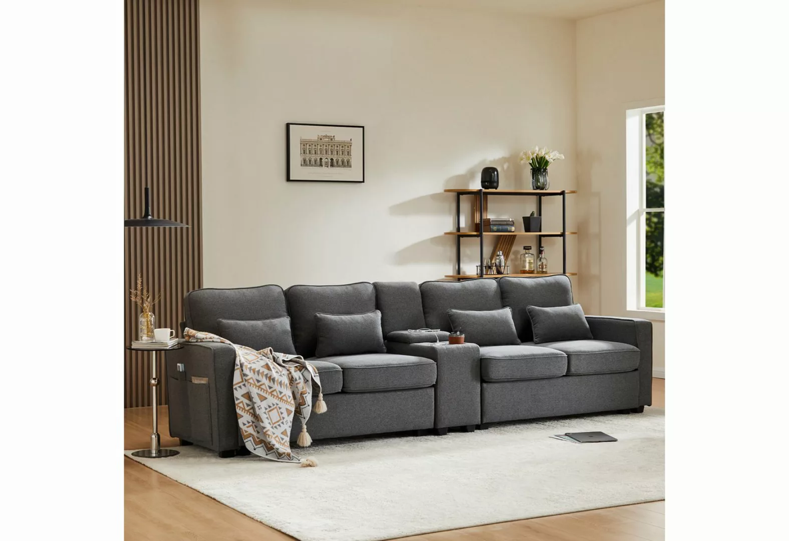 DOPWii 4-Sitzer 4 Sitzer Sofa aus Leinenstoff mit Konsole,Armlehnentaschen, günstig online kaufen