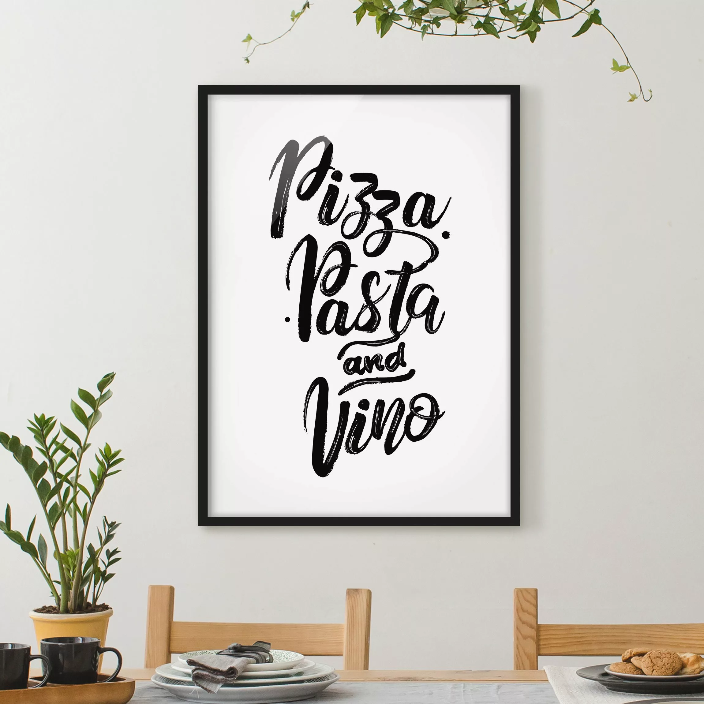 Bild mit Rahmen Spruch - Hochformat Pizza Pasta und Vino günstig online kaufen