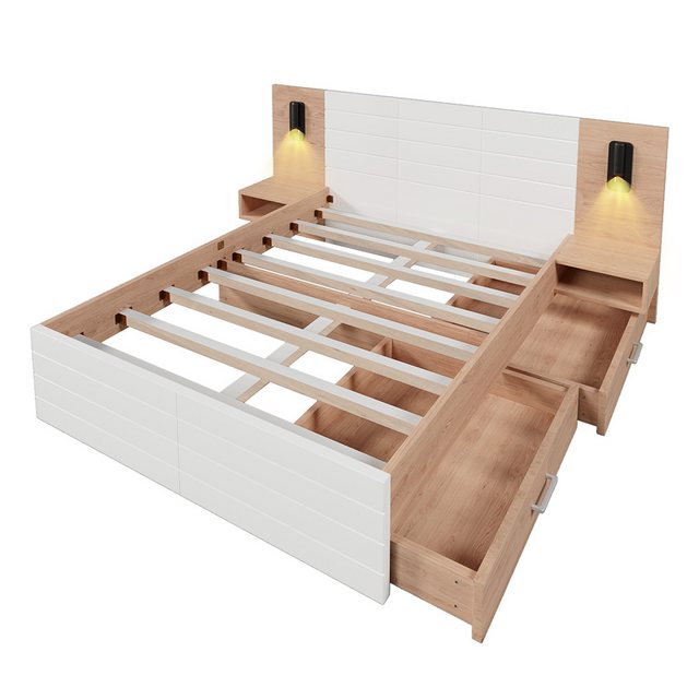 Rutaqian Funktionsbett Doppelbett Holzbett,mit 2 Schubladen,USB Ladefunktio günstig online kaufen