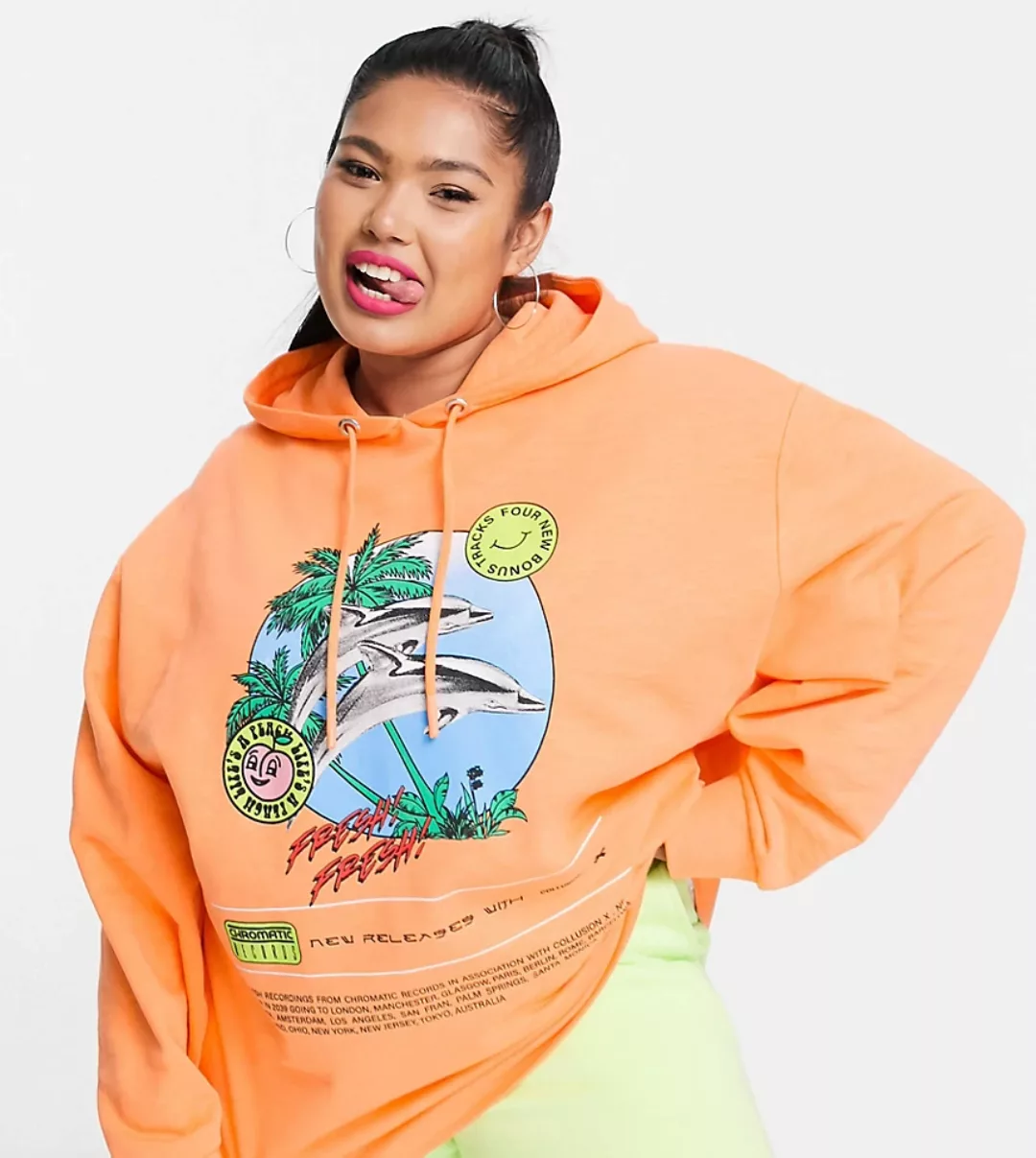 COLLUSION Plus – Oversized-Kapuzenpullover mit Delfin-Print in Orange günstig online kaufen