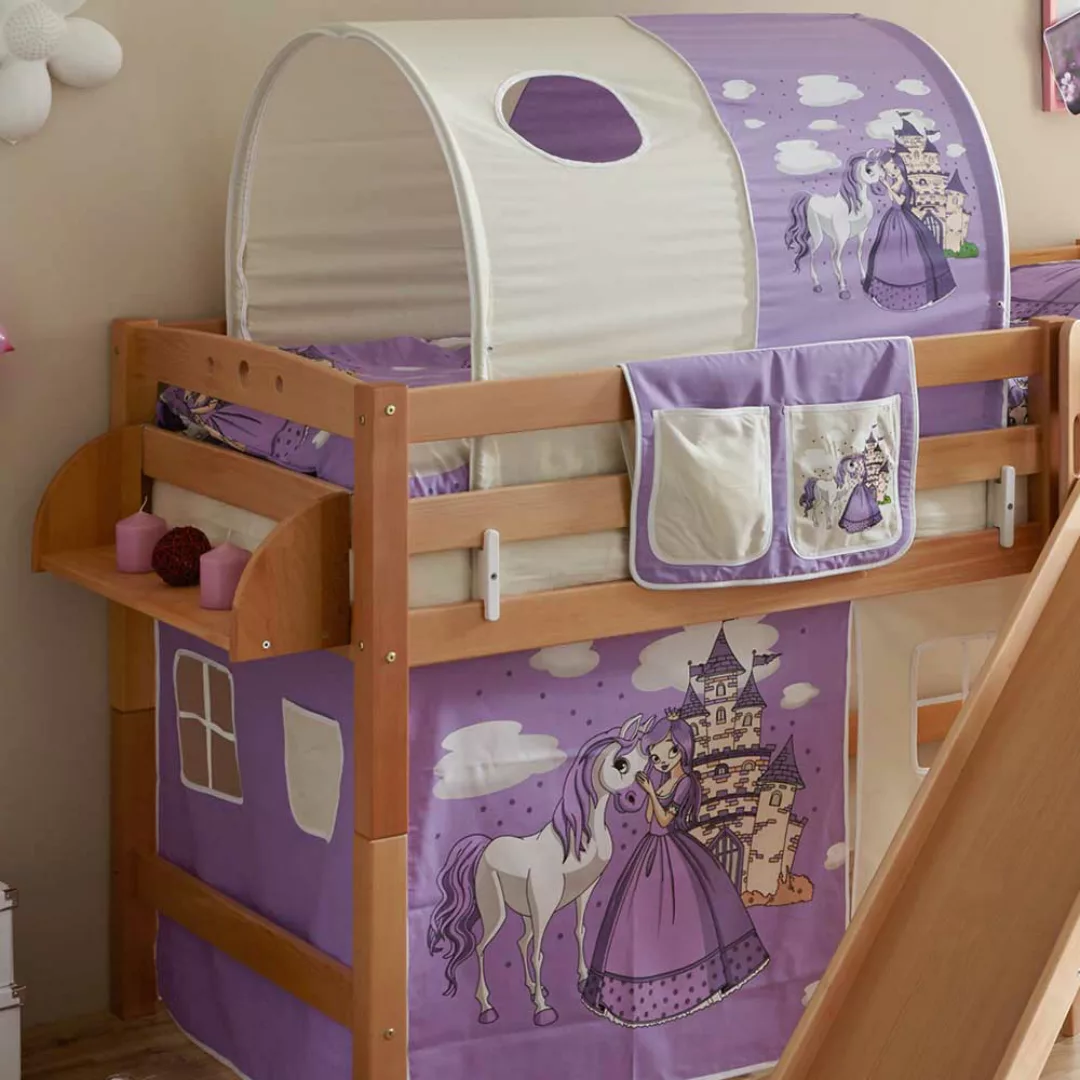 Massivholz Kinderbett im Prinzessin Design Rutsche und Vorhang in Lila günstig online kaufen