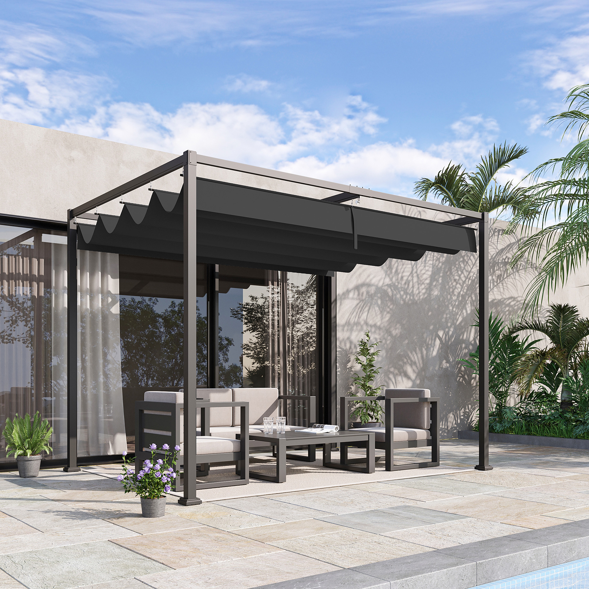 Outsunny Pergola Pavillon  Terrassenüberdachung mit Schiebedach, Polyester, günstig online kaufen