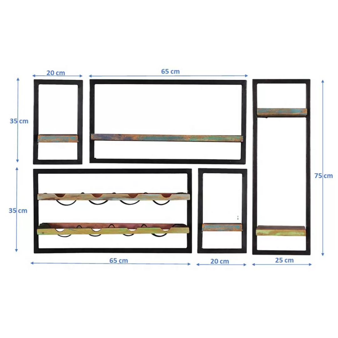 Shabby Regal Set mit Weinaufbewahrung Schwarz und Bunt (fünfteilig) günstig online kaufen