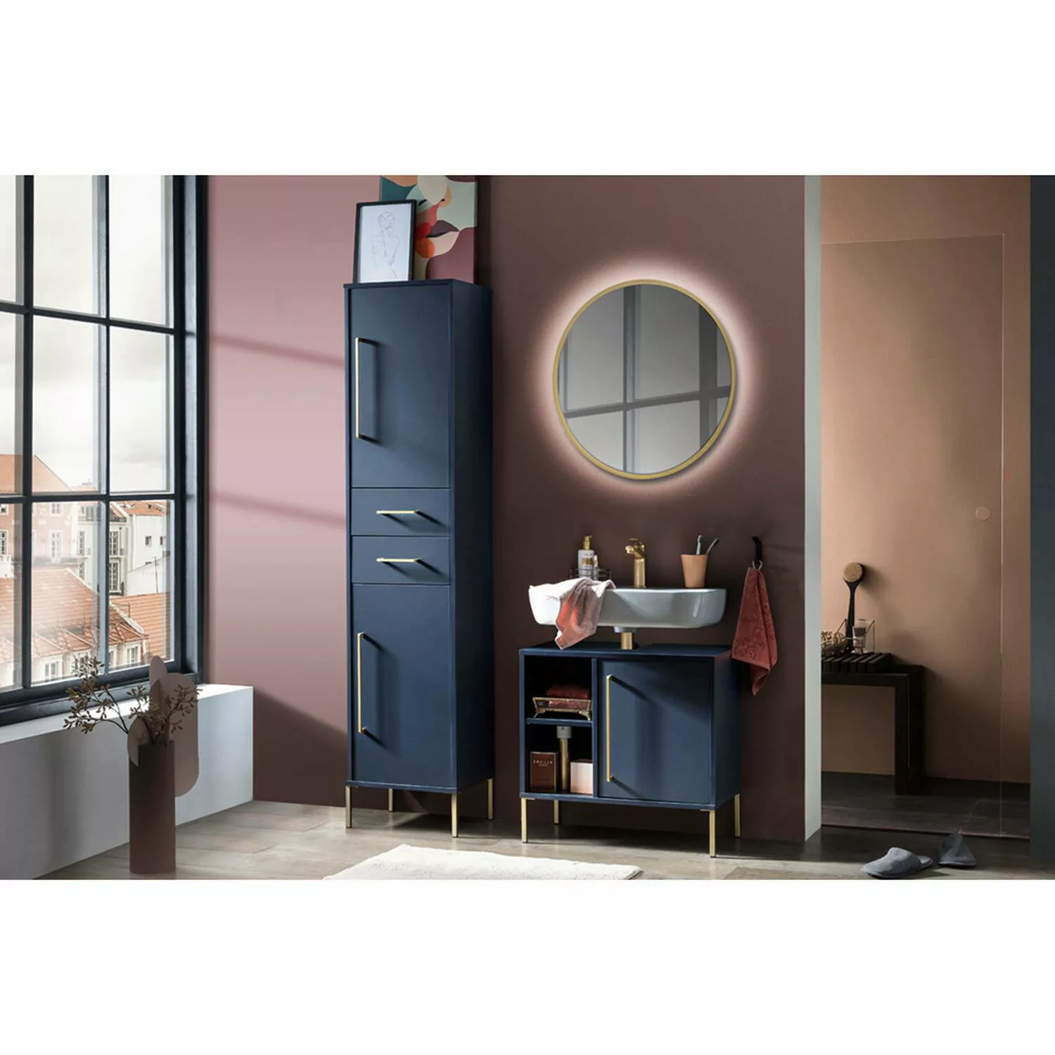 Badmöbel Set inkl. LED-Spiegelschrank und Hochschrank KELLA-80 in nachtblau günstig online kaufen