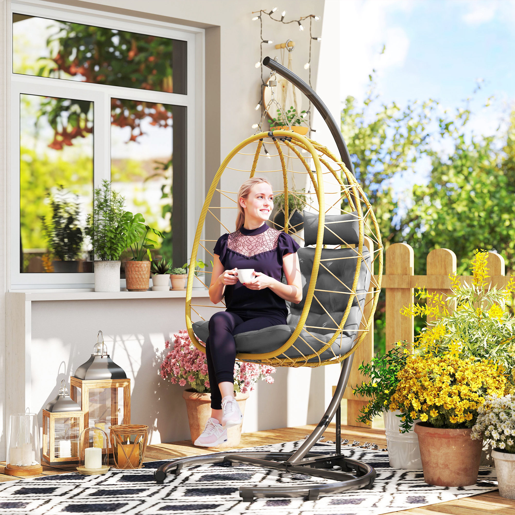 Outsunny Hängesessel 150kg max mit Faltkorb und Kissen, Garten Schaukelstuh günstig online kaufen