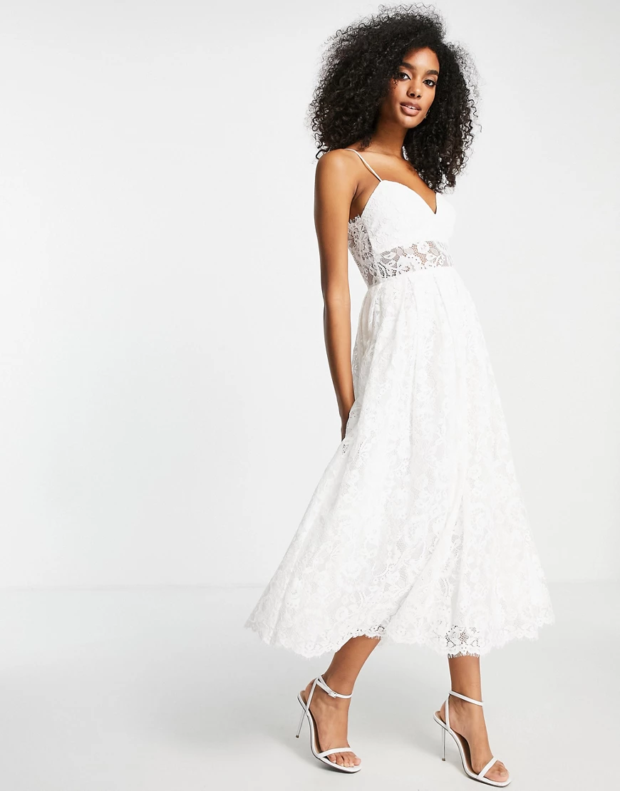 ASOS EDITION – Hope – Midi-Brautkleid aus Spitze in Elfenbein mit schmalen günstig online kaufen