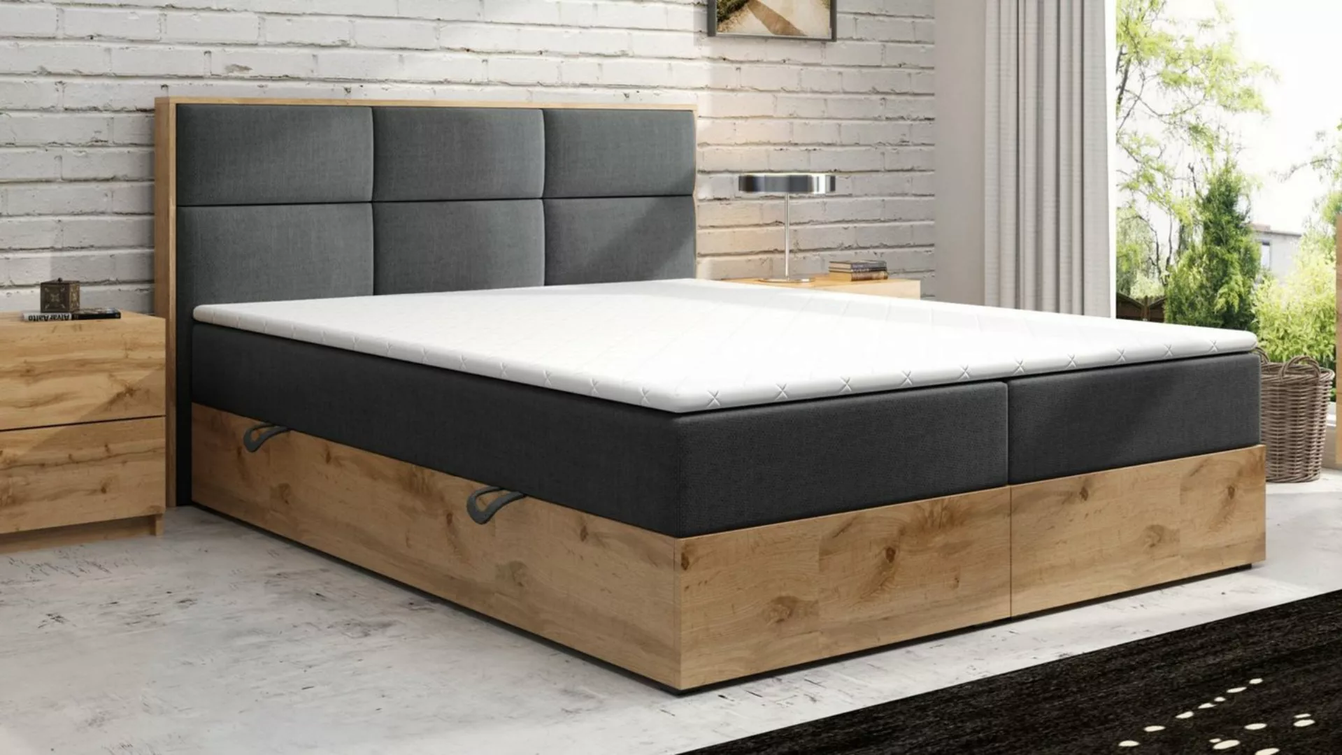 Möbel Punkt Boxspringbett Lissabon Grau Schwarz (180 x 200 cm, Eiche Nachbi günstig online kaufen