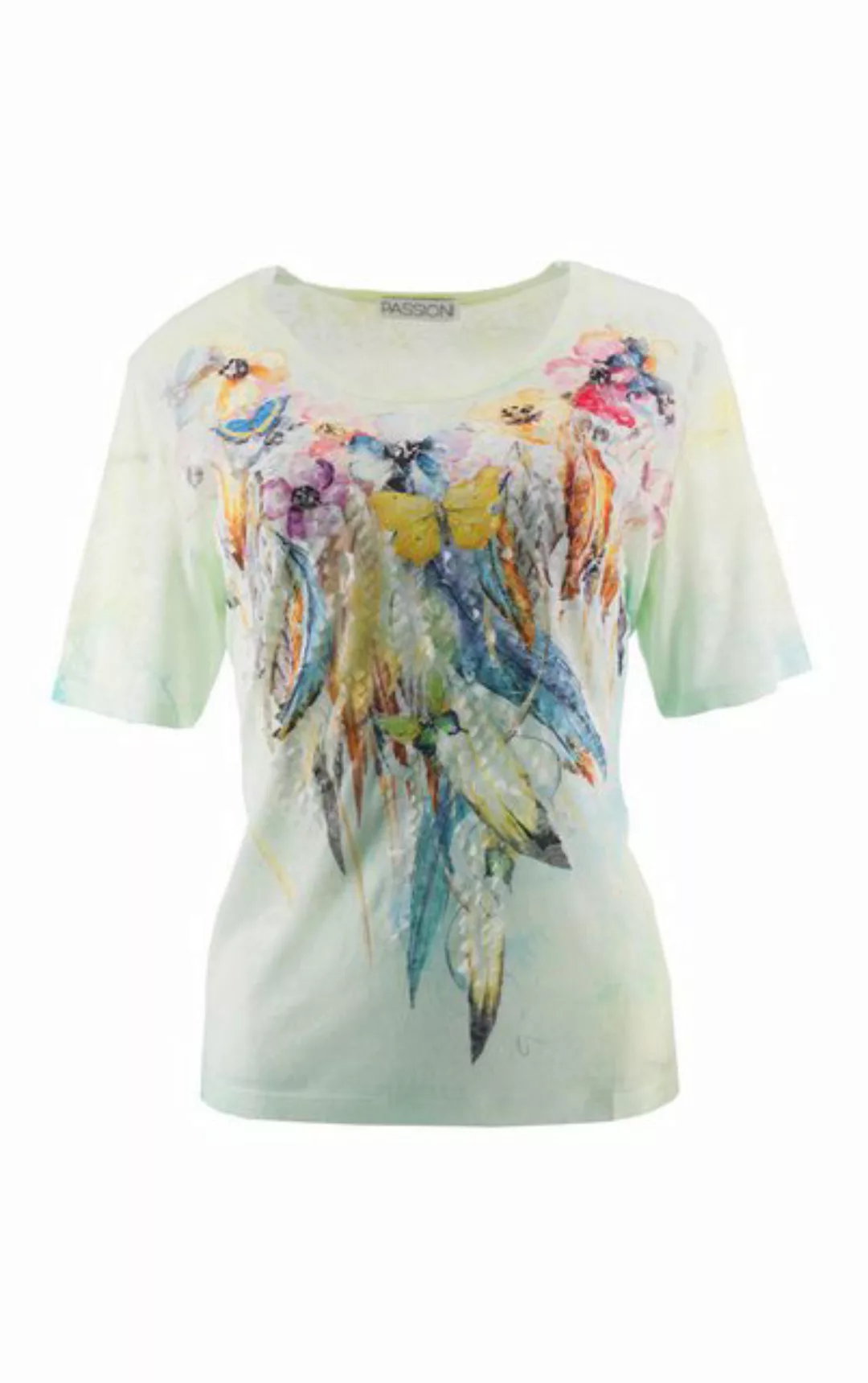 Passioni Print-Shirt Sommer-T-Shirt mit Blumen- und Federmuster am Hals und günstig online kaufen