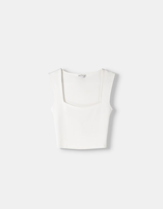 Bershka Ärmelloses T-Shirt Mit Kastenförmigem Ausschnitt Bskteen Xs Rohweiß günstig online kaufen