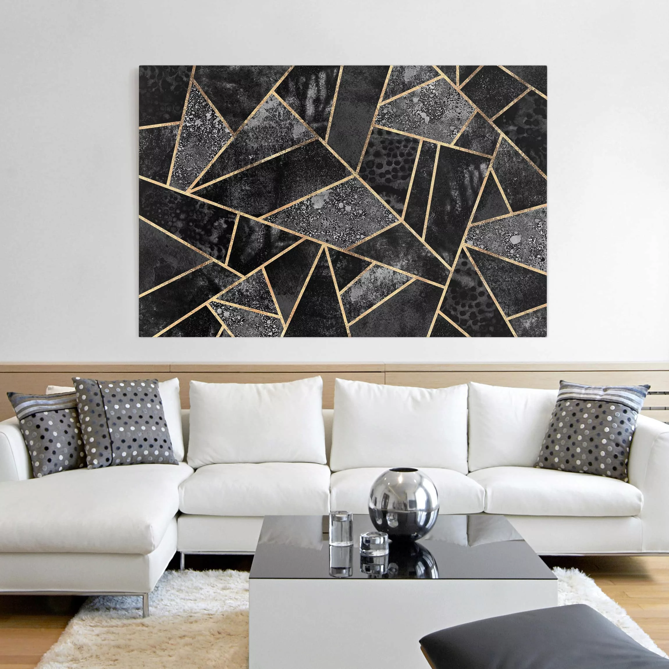 Leinwandbild Abstrakt - Querformat Graue Dreiecke Gold günstig online kaufen