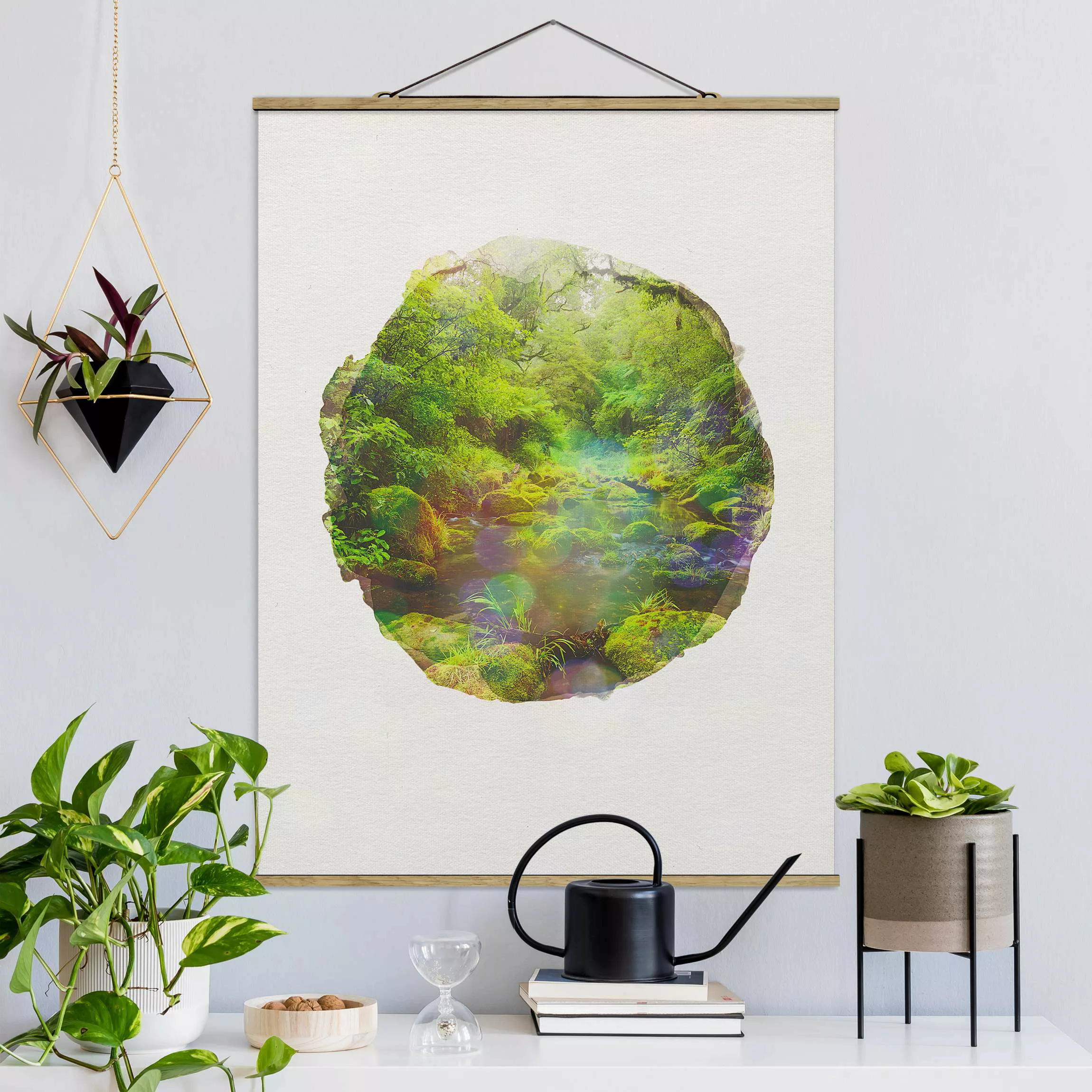 Stoffbild Wald mit Posterleisten - Hochformat Wasserfarben - Bay of Plenty günstig online kaufen