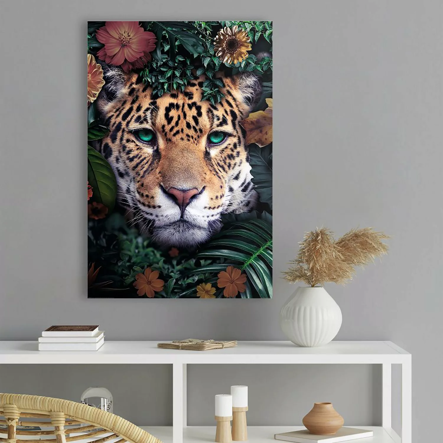 Reinders! Wandbild »Wandbild Leopard Blumenkranz - Jungle - Farbenfroh«, Le günstig online kaufen