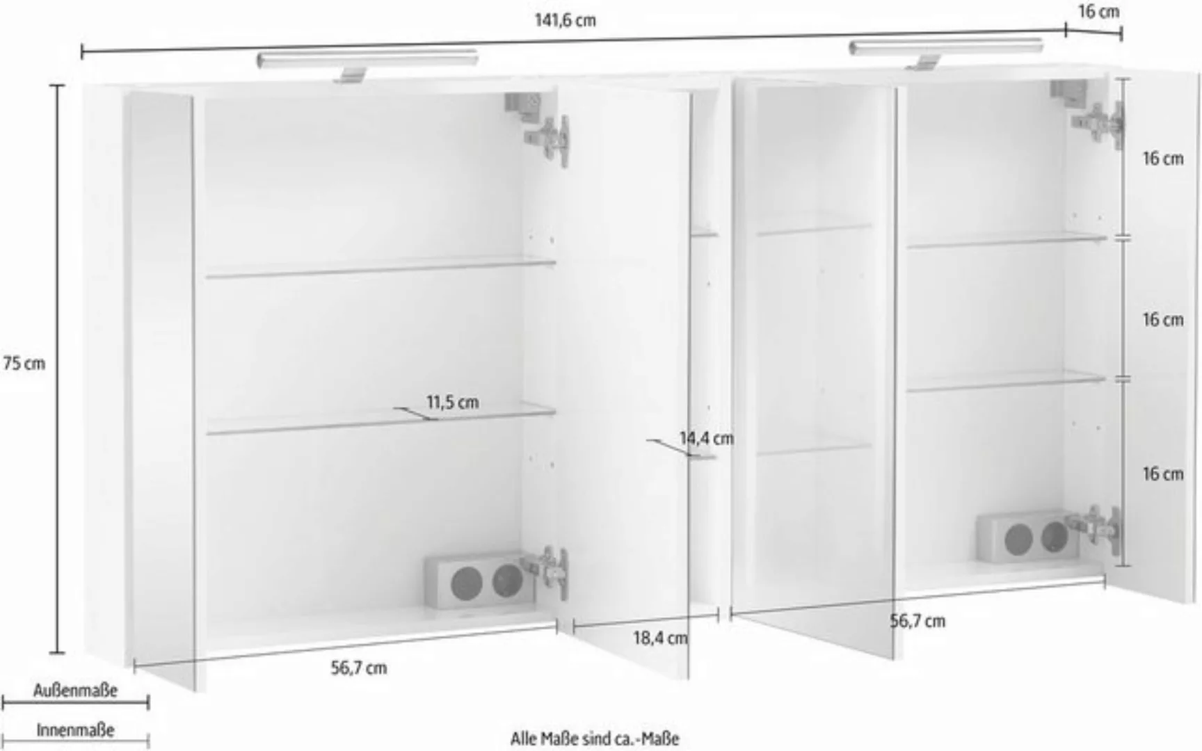 Schildmeyer Spiegelschrank "Basic", Breite 141,6 cm, 4-türig, 2x LED-Beleuc günstig online kaufen