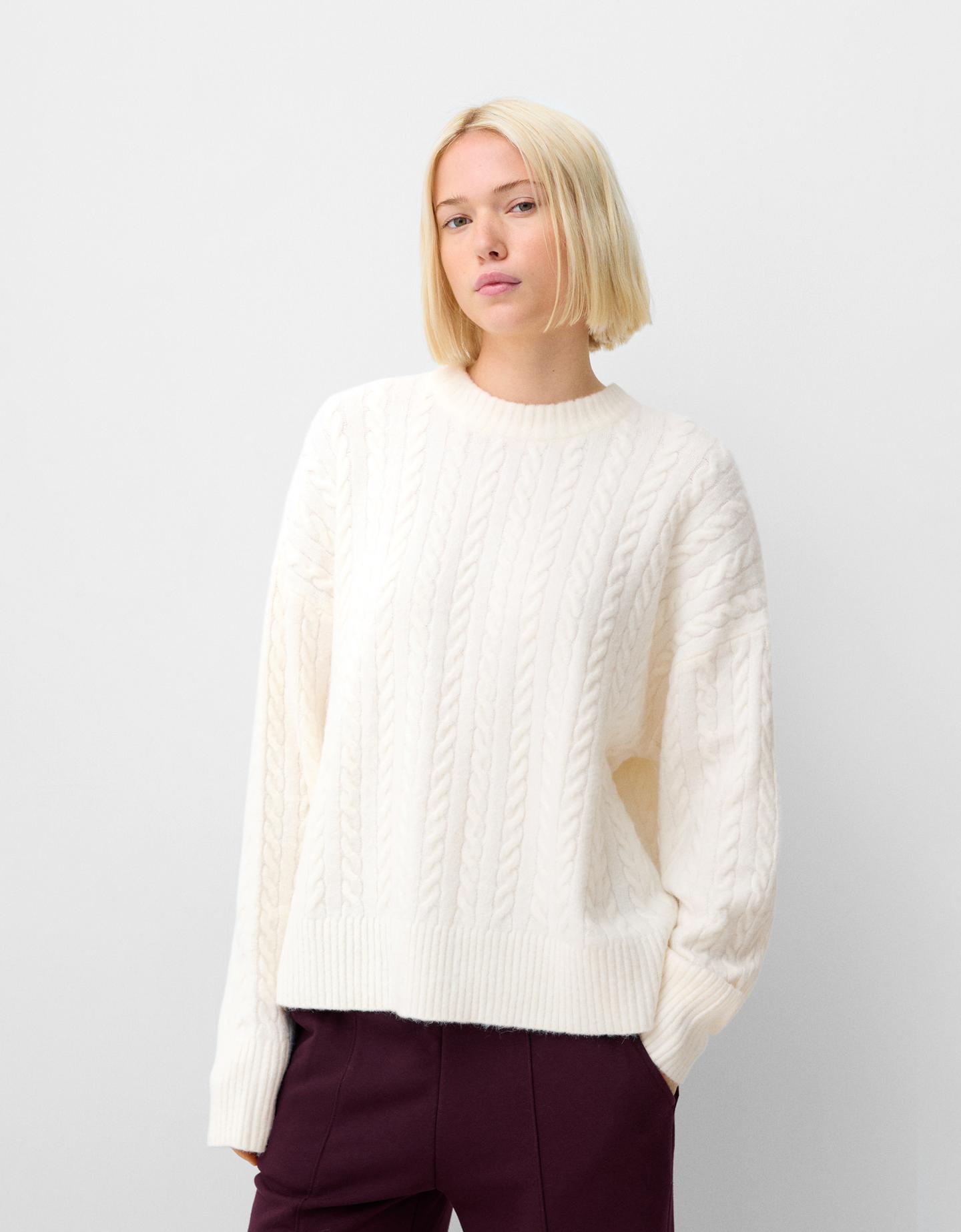 Bershka Oversize-Pullover Mit Flechtmuster Damen L Weiss günstig online kaufen